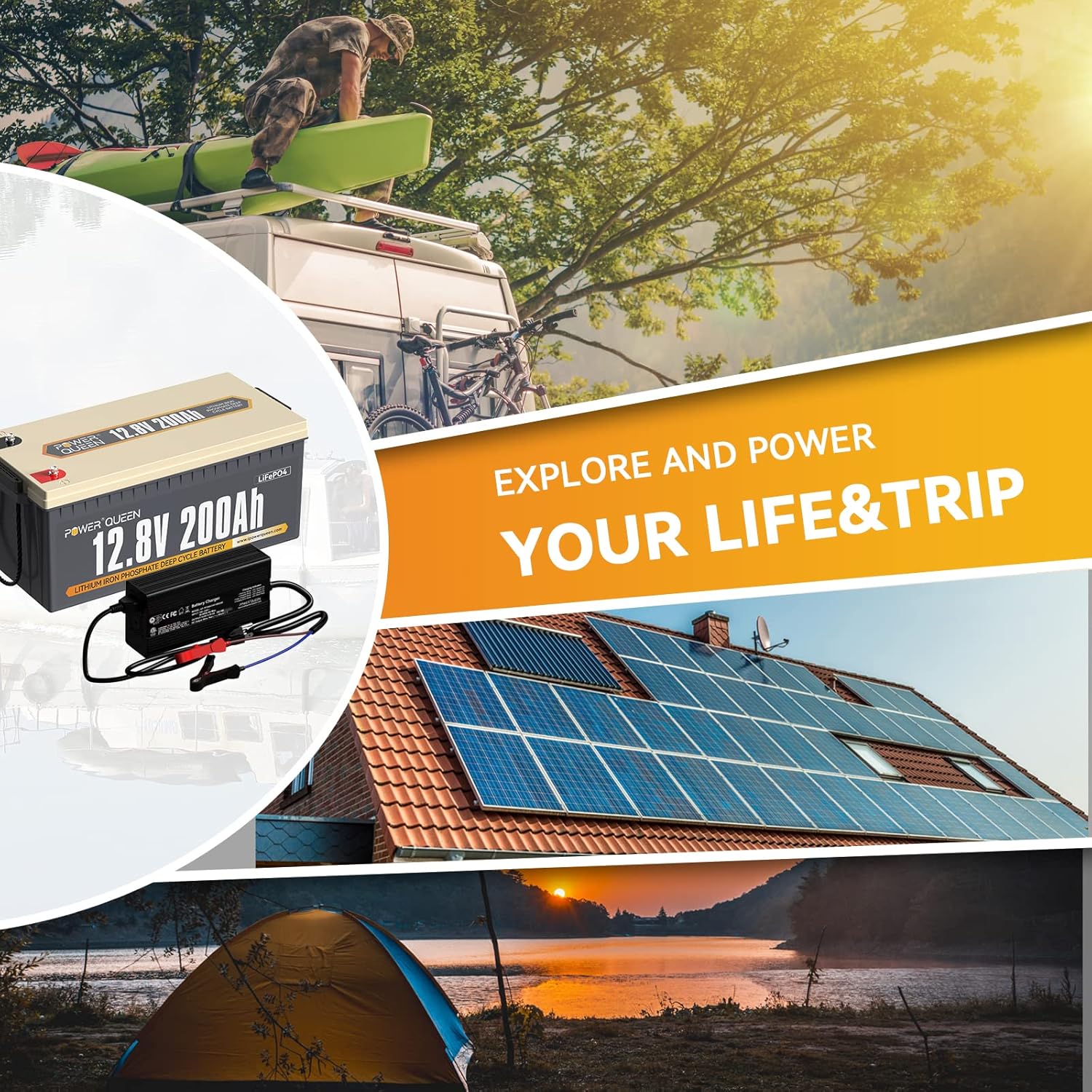 Power Queen 12.8V 200Ah LiFePO4 Battery with 14.6V 20A; Built-in 100A BMS, Fully Charged Capacity, 2560Wh Energy, Perfect for RV, Camping, Solar System, Power Outage