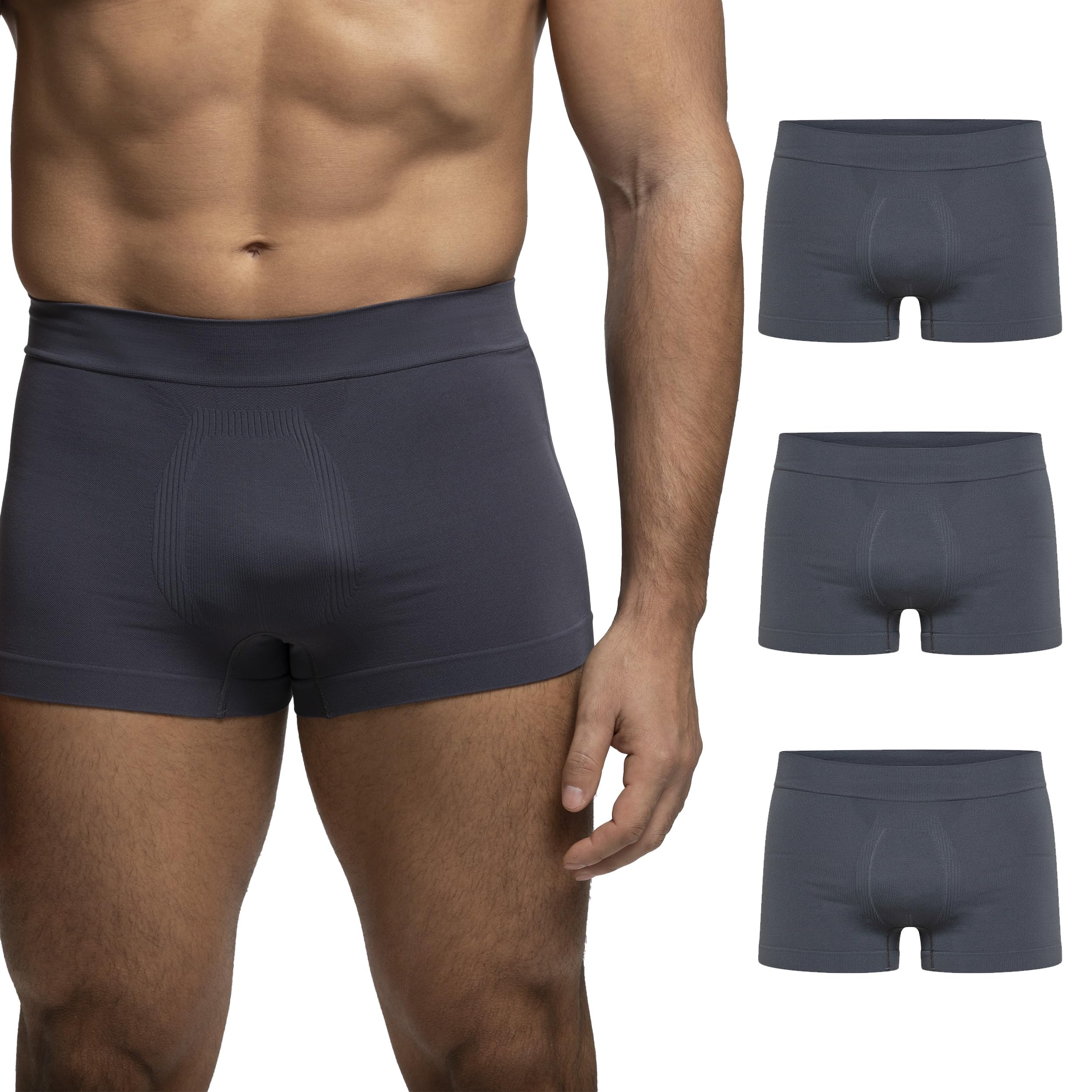 POMPEA 3 Piece Men's Boxer Briefs in Soft Microfibre, Seamless Stretch Briefs, Basic Grey, S-M
