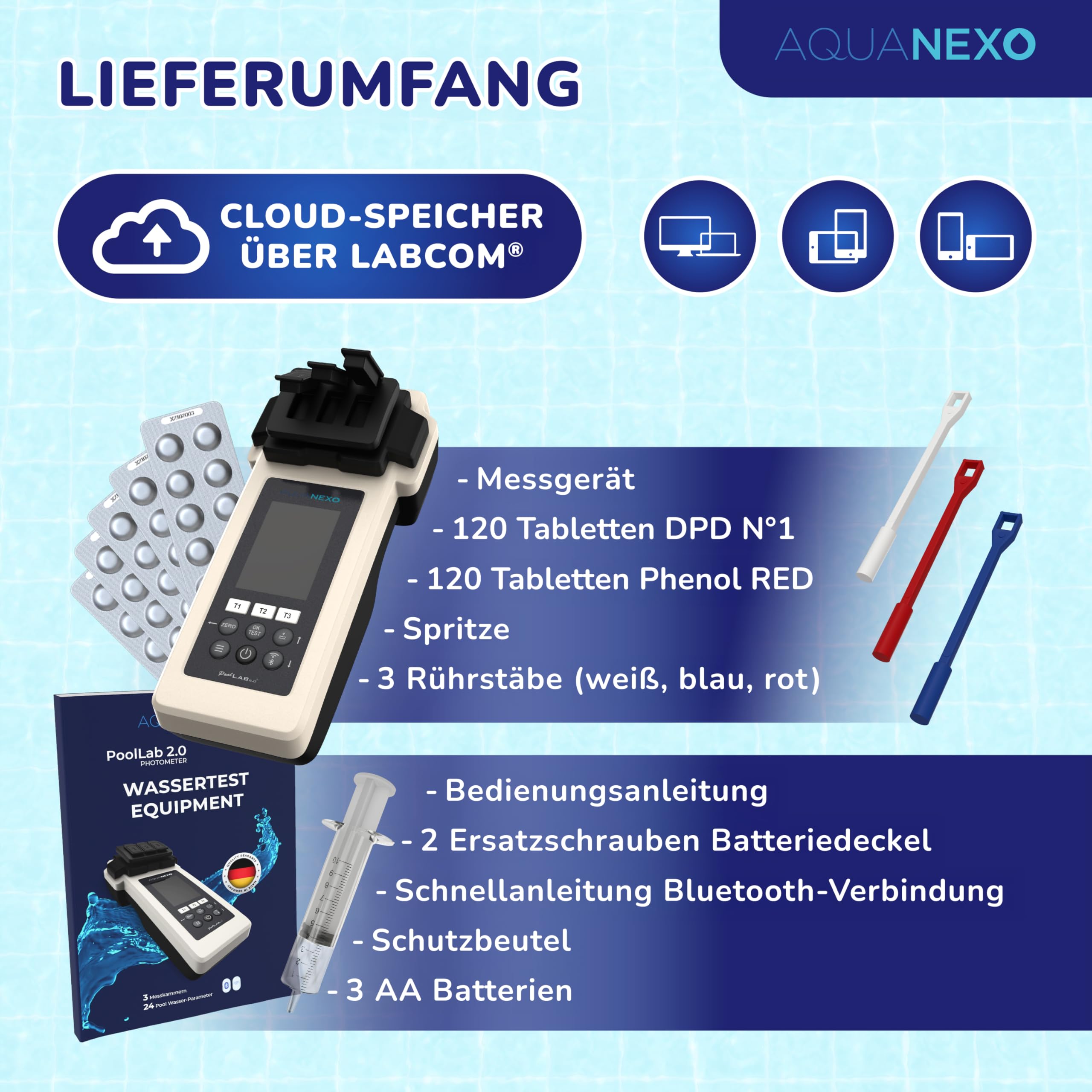 Poollab 2.0 inkl. 240 Testtabletten Chlor und pH-Wert (120x DPD 1 + 120x Phenol Red Tabletten), Pooltester Pool Lab 2.0, Wassertester für Pools, Planschbecken, Whirlpool (ohne Case)