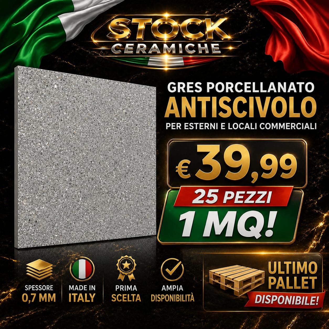 Stock Ceramiche Gres Porcellanato Antiscivolo Grigio, 20x20 cm, Ceramica Smaltata, per Pavimento Esterno e Locali Commerciali, 25 Pezzi