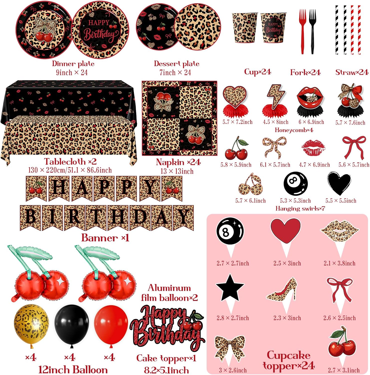 Red Cheetah Print Birthday Decorations Cherry Leopard Print Birthday Party Supplies Include Plates, Napkins, Cups, Cake Topper, Balloons,and Cutlery for Female, Serves 24