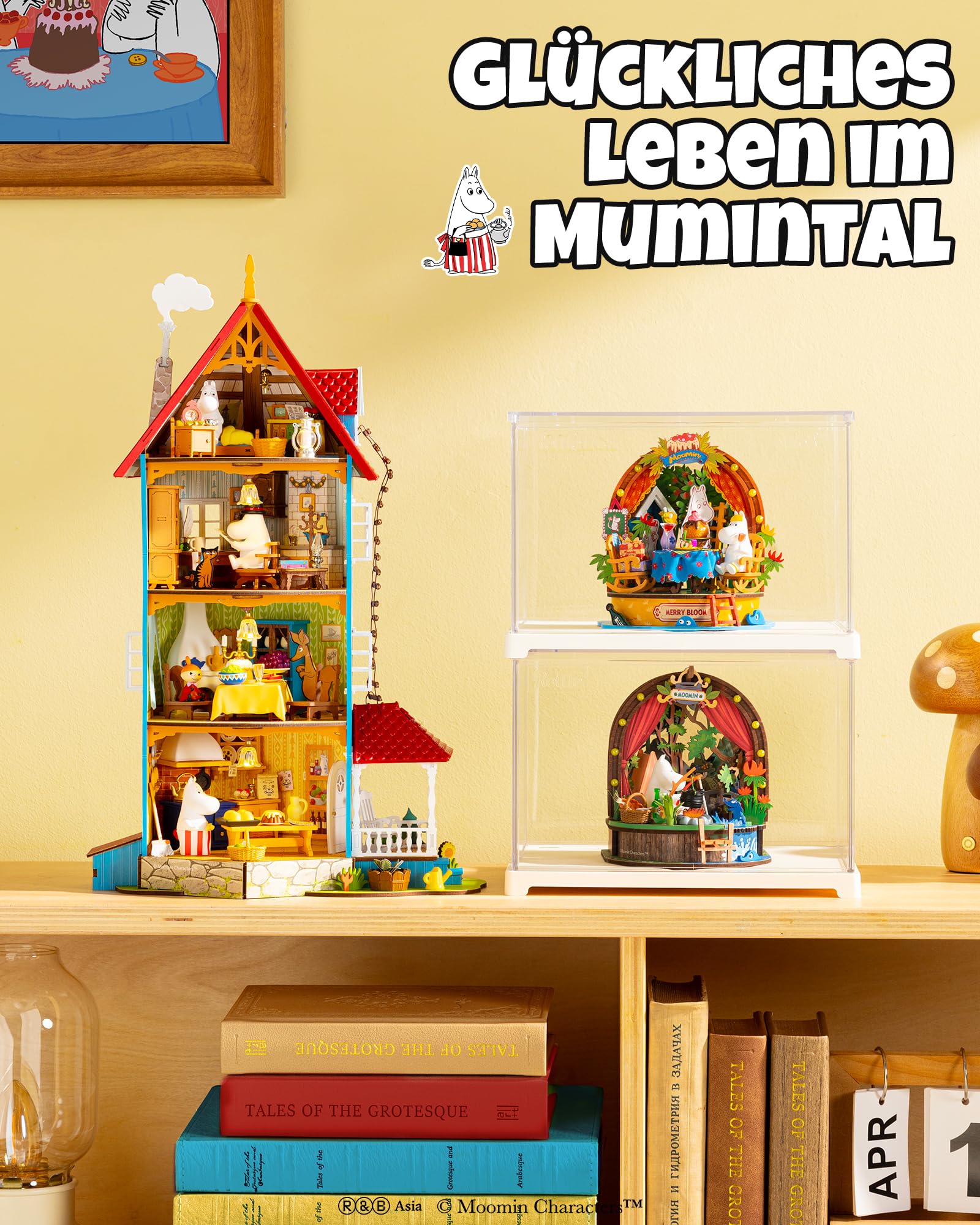 Rolife DIY Miniatur Puppenhaus Moominhouse 441 Teile Holz Bausatz | Offizielles Moomin 3D Holzpuzzle, 4-Ebenen Moominhaus mit LED, 4 Figuren, Klebstofffreies Bastelset, Deko Geschenk
