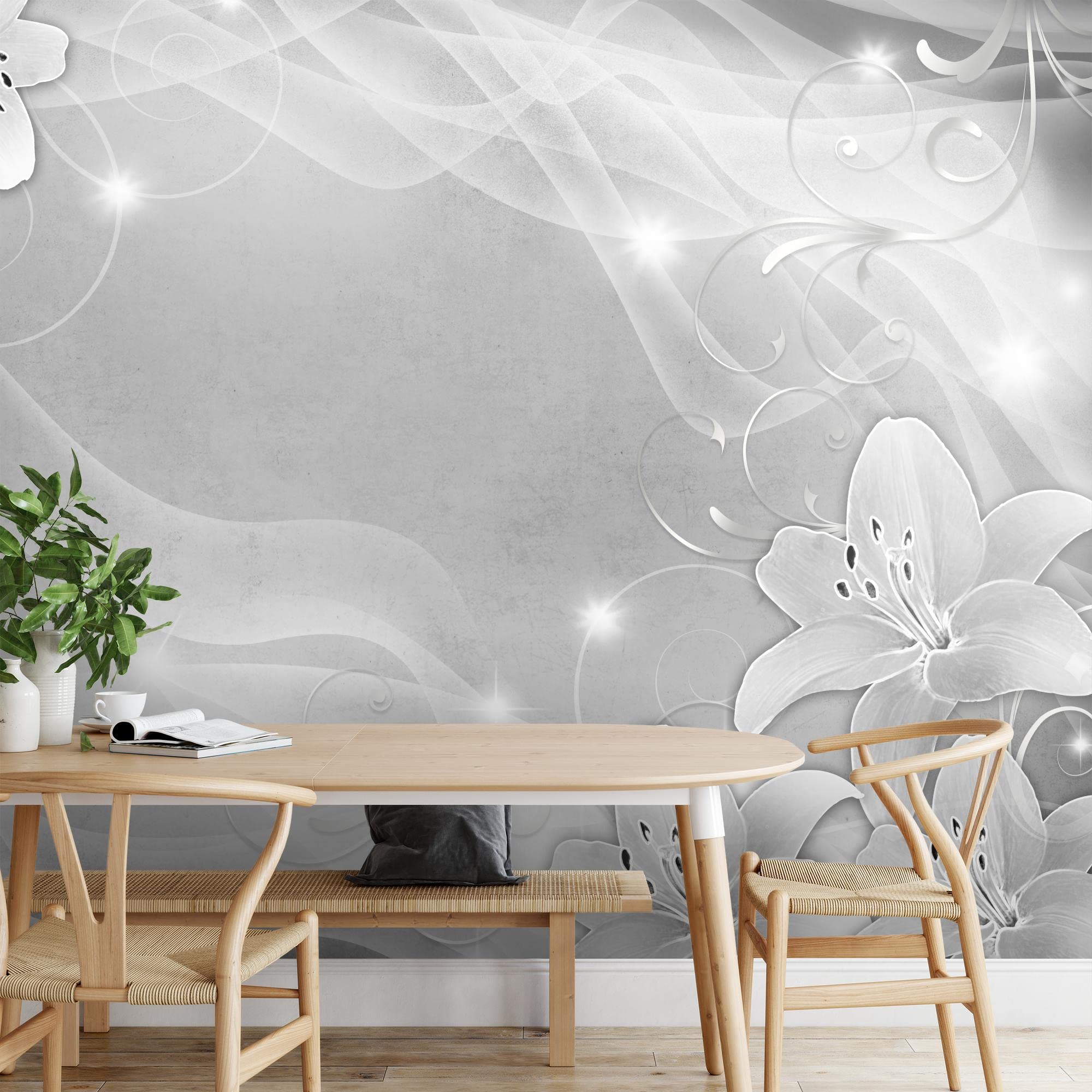 Runa Art Papel Tapiz Fotográfico 396 X 280 Cm Flores Lirios | Lana Decoración De Pared Sala Cuarto | Fabricación Alemana | Negro Y Blanco 9408012c