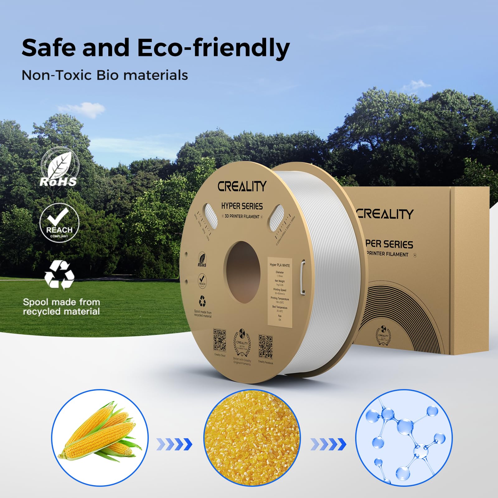 Creality Hyper PLA Filamento 1,75 mm, precisione dimensionale +/-0,02 mm, alta velocità di stampa 30-600 mm/s, per stampanti 3D FDM, 4 kg 8,8 libbre, 4 bianchi