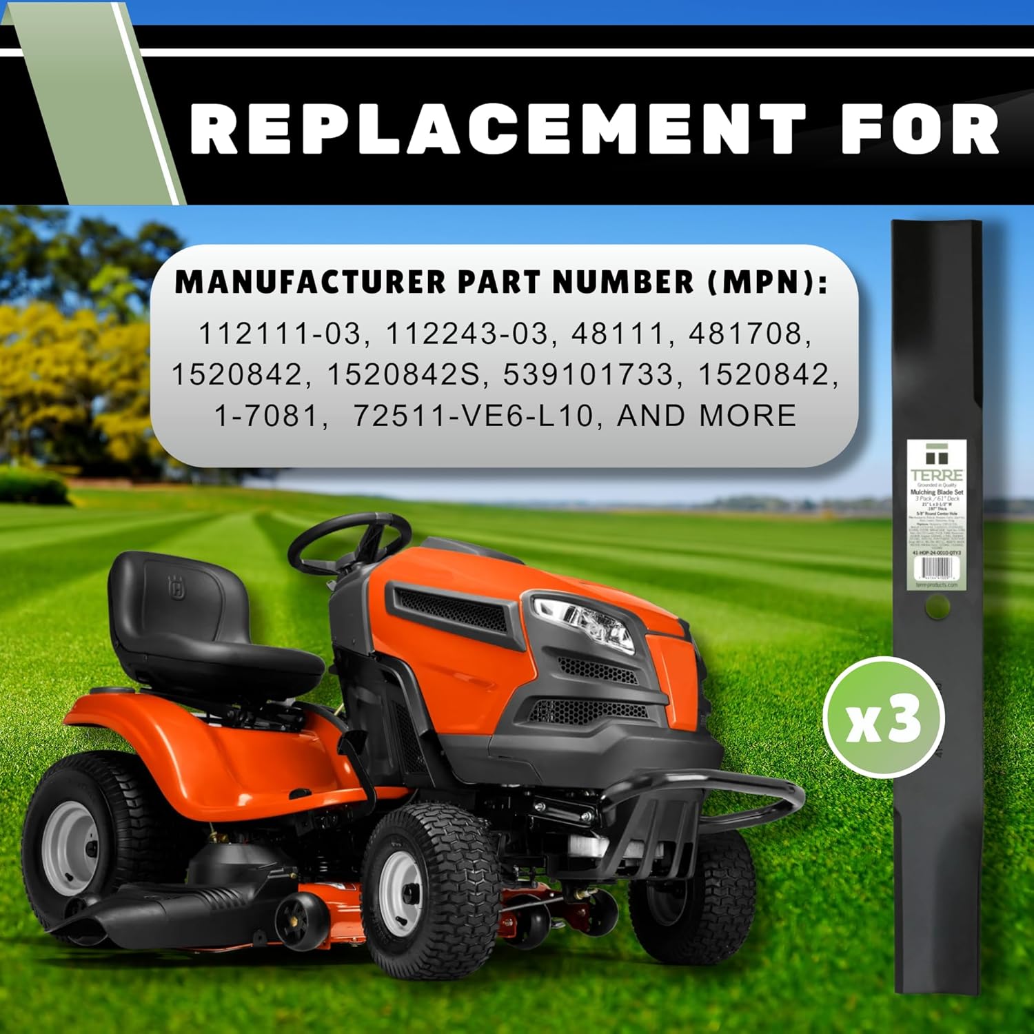 Terre Products, 3 Pack Medium Lift Lawn Mower Blades, 61 Inch Decks, Compatible with Scag 48111, 482879, Ferris 1520842, Husqvarna 539101733 and More