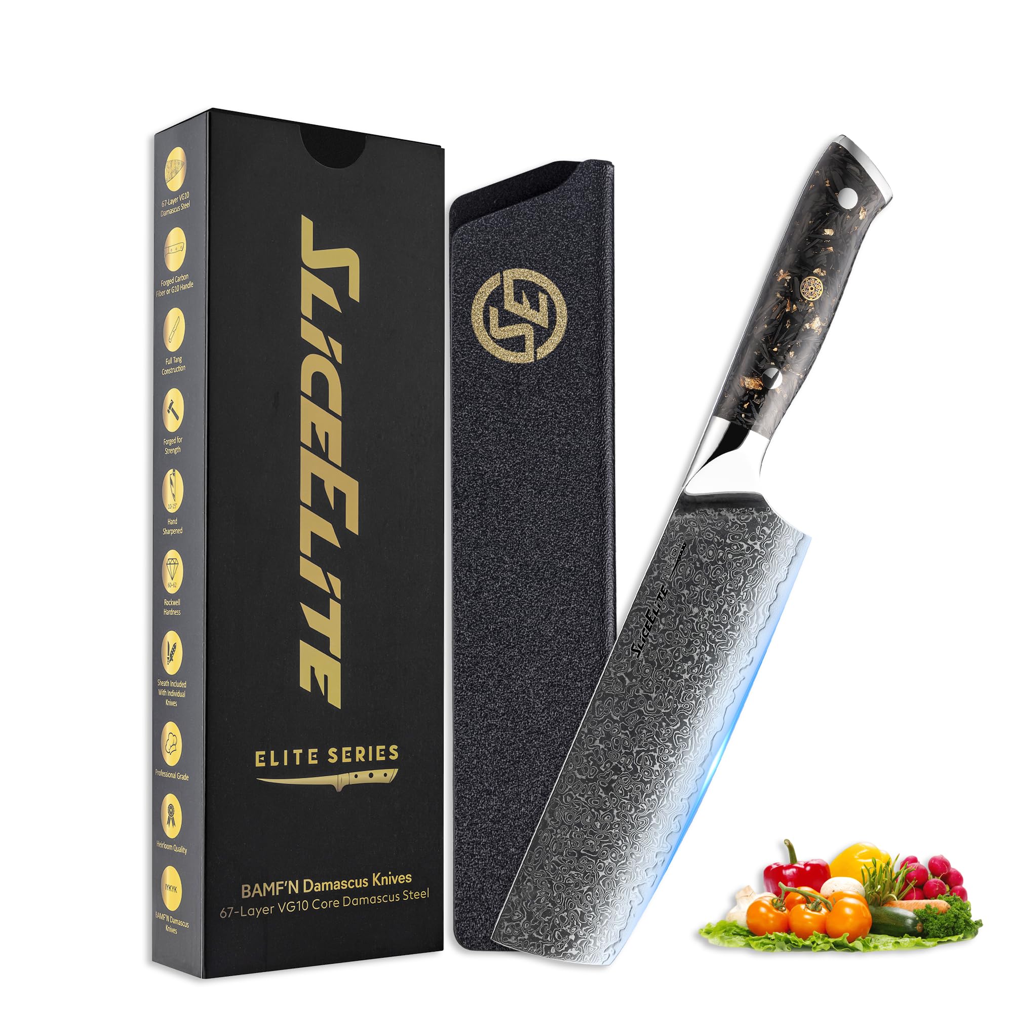 SliceElite Elite Series Nakiri Knife 7 Inch Damascus Steel VG10 Core with Handles Option Sharp Blade Polymer Sheath Vegetable Knives (Nakiri Knife (Carbon Fiber Handle))