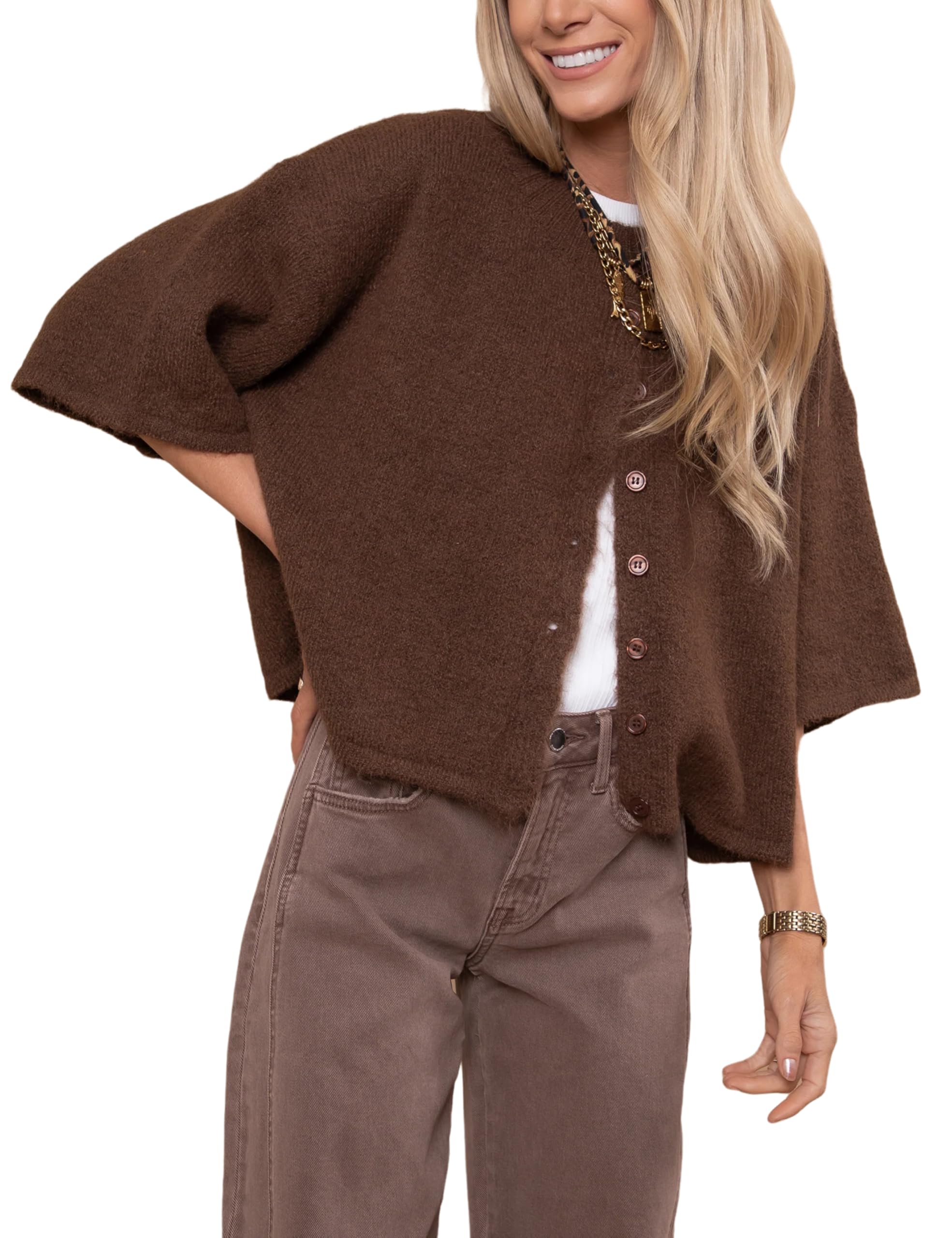 Yeokou Women Button Down Cardigan Sweater Casual Loose Round Neck Short Sleeve Knit Top