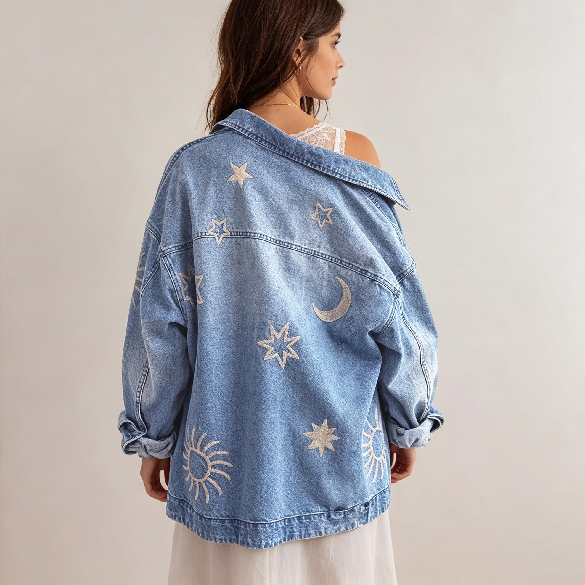 utcoco Chaqueta de mezclilla vintage de gran tamaño para mujer, bordada, casual, holgada, con botones