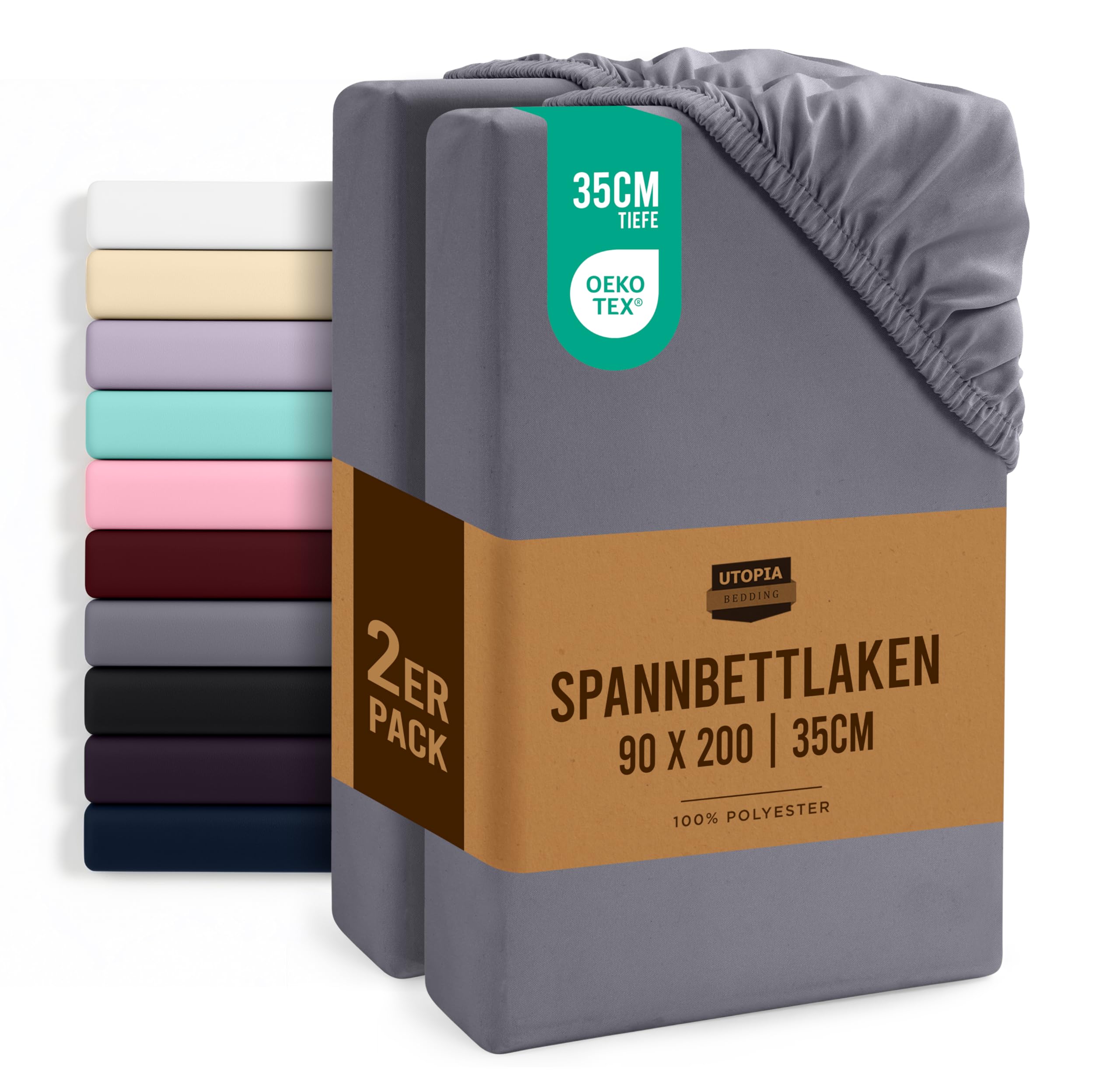 Utopia Bedding - 2er Set Spannbettlaken 90x200cm - Grau - Gebürstete Mikrofaser Spannbetttuch - 35 cm Tiefe Tasche