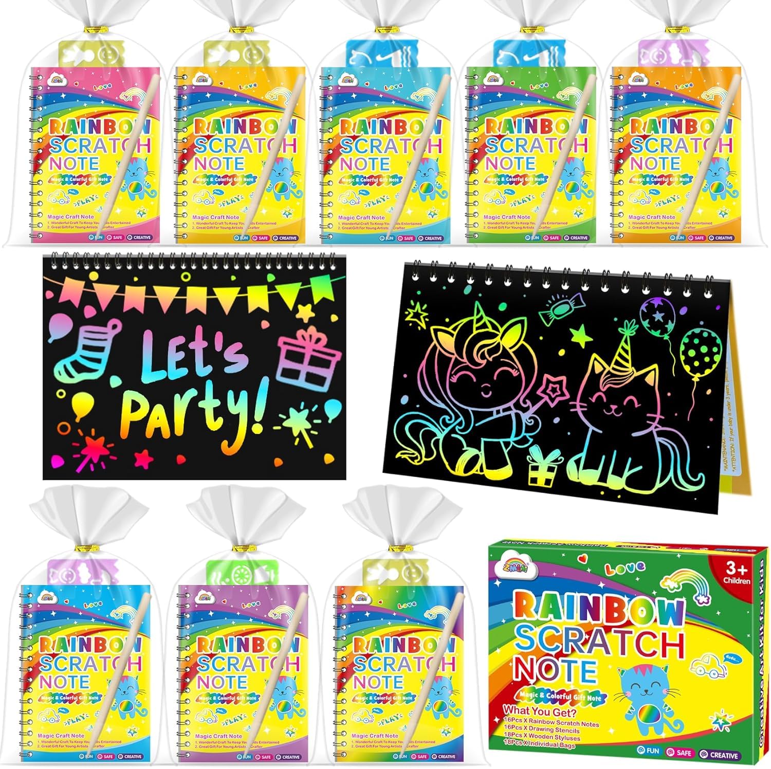 ZMLM 24 Libri Scratch Art Bambini Regalini Kit Disegno, Fogli Arcobaleno da Grattare Craft Notebook con 26 Stilo 24 Stencil Scratch Libri Painting Paper per regalini fine Festa Compleanno Bambini