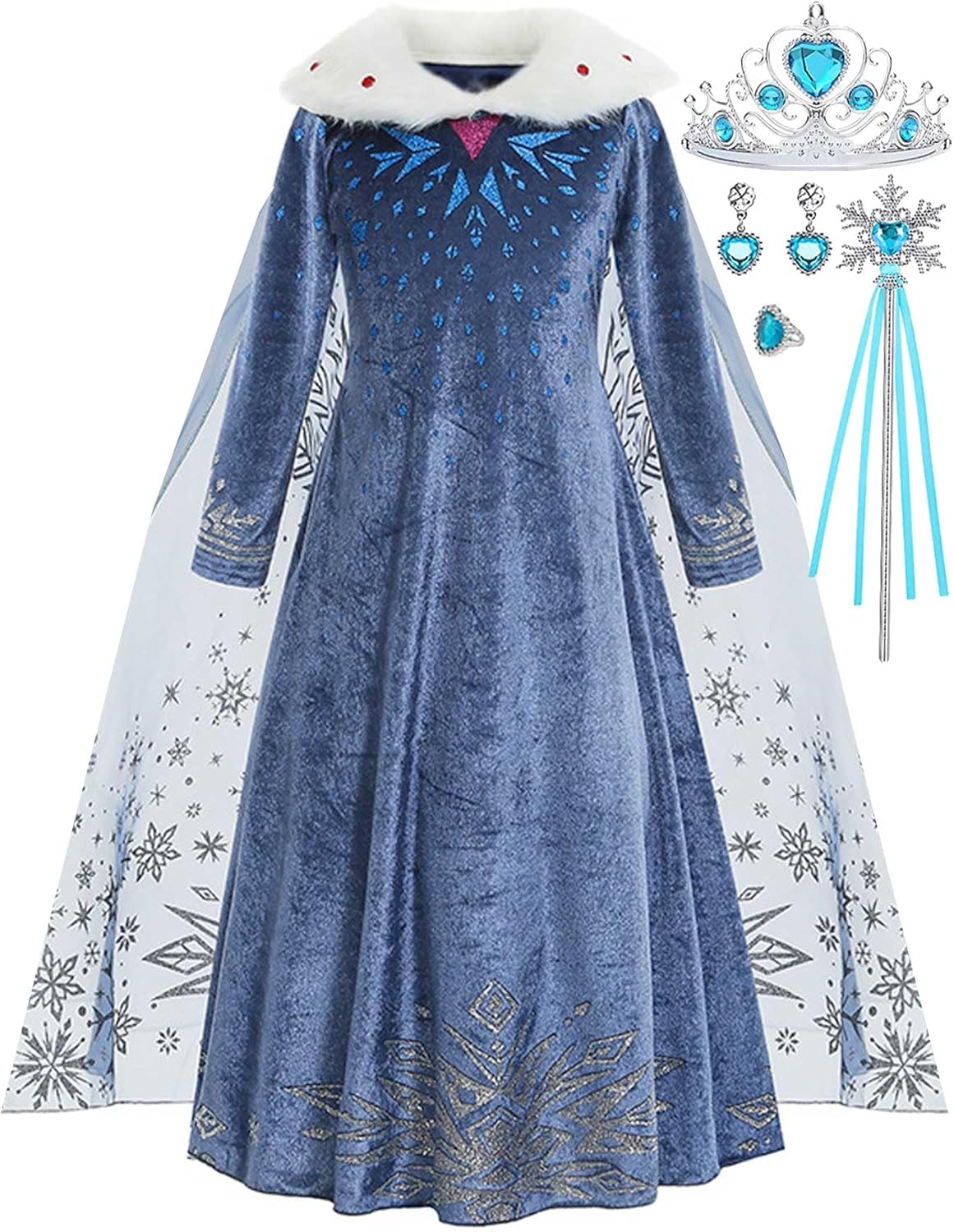 Winter Snow Princess Costume for Girls Halloween Birthday Cosplay Dress with Cape Accessories Blue 2-3 Years