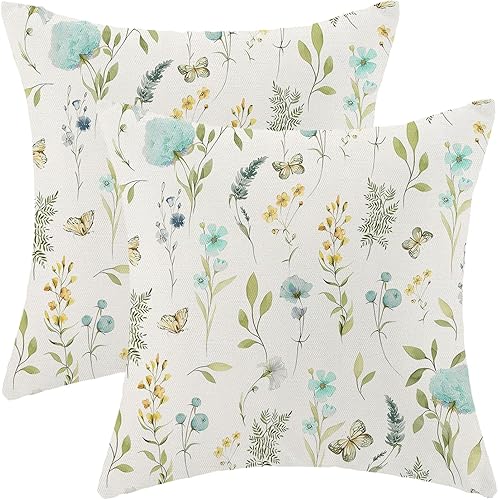 Fundas de almohada de primavera de 40 x 40 cm, juego de 2, fundas de almohada de flores silvestres en tonos de agua, teja y salvia, fundas de