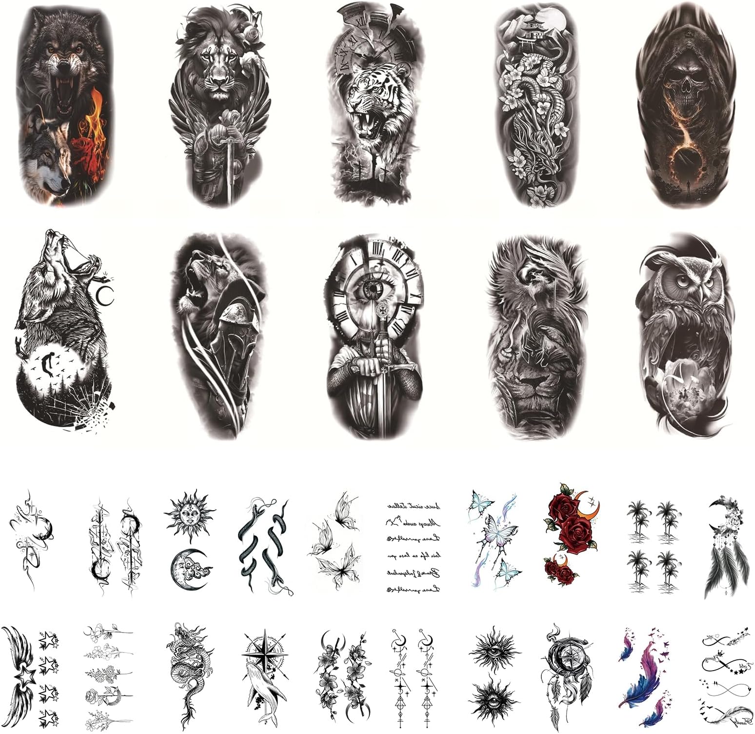 DAYONG 30 Sheets Temporary Tattoos, 3D Waterproof Tattoo Realistic Black Fake Tattoos Body Half-Arm for Parties Festivals, Include Lion Tiger Wolf Pattern. (1 set)