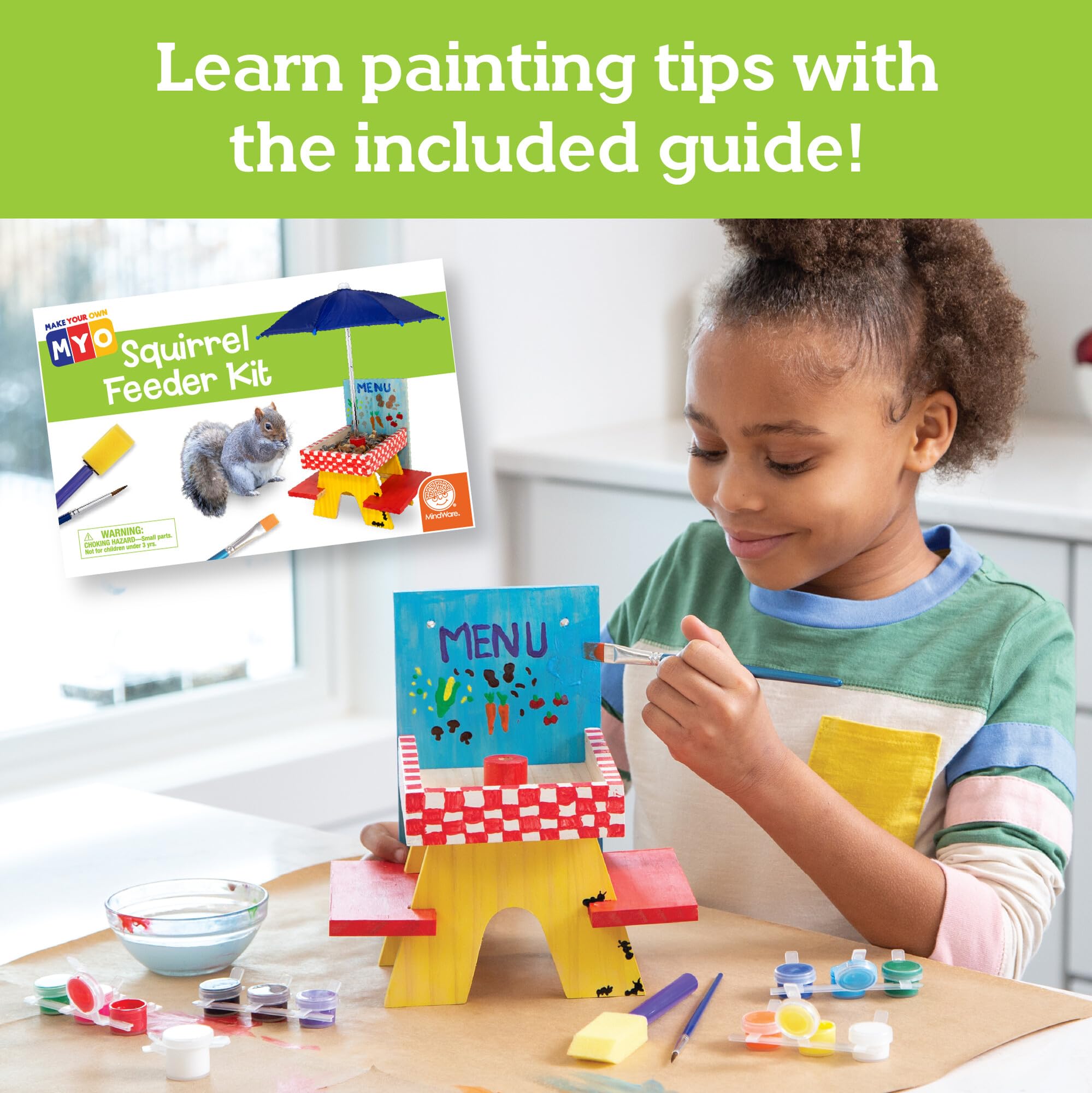 MindWare Kit de bricolage pour enfants avec mangeoire à écureuils pour enfants – Comprend des pièces en bois, de la peinture, des pinceaux, des instructions (français non garanti) et plus encore