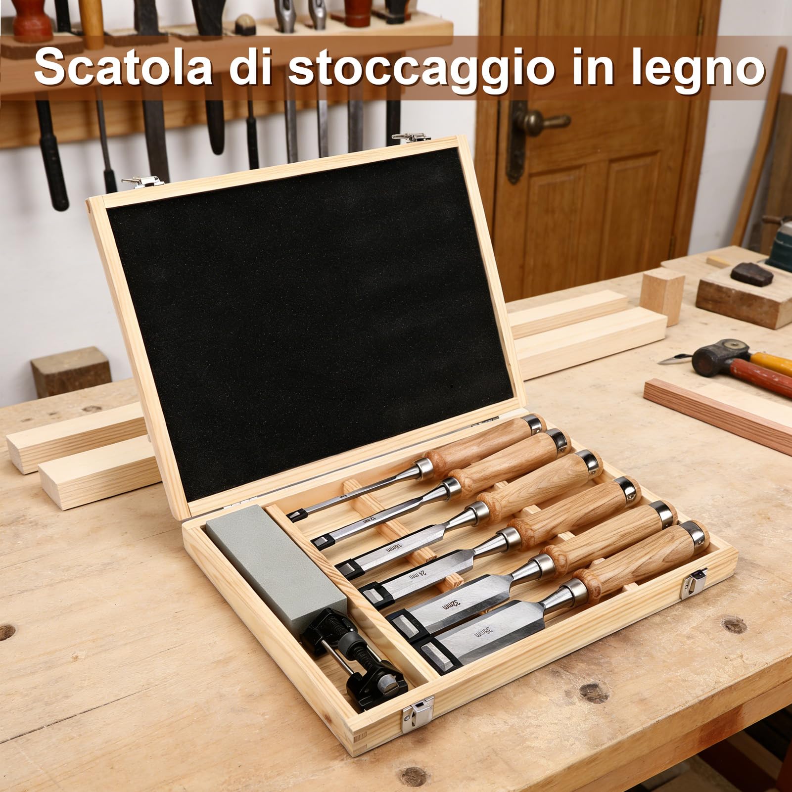 Set di Scalpelli per Legno, 6PCS Scalpelli da Intaglio di Lavorazione | Scalpello per Legno, Guida per Affilare e Pietra per Affilare, Scatola, per Intaglio, Carpenteria, Rifilatura dei Bordi