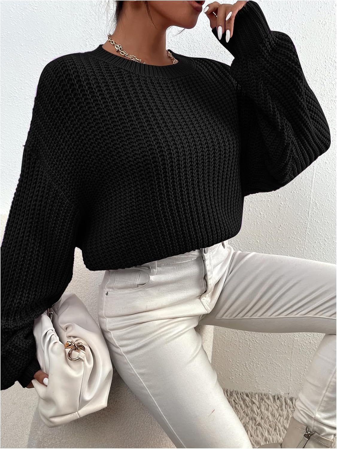 SHENHE Women's Fall Cropped Sweater Chunky Knit Crew Neck Soft Warm Sweater Pullover - Image 2