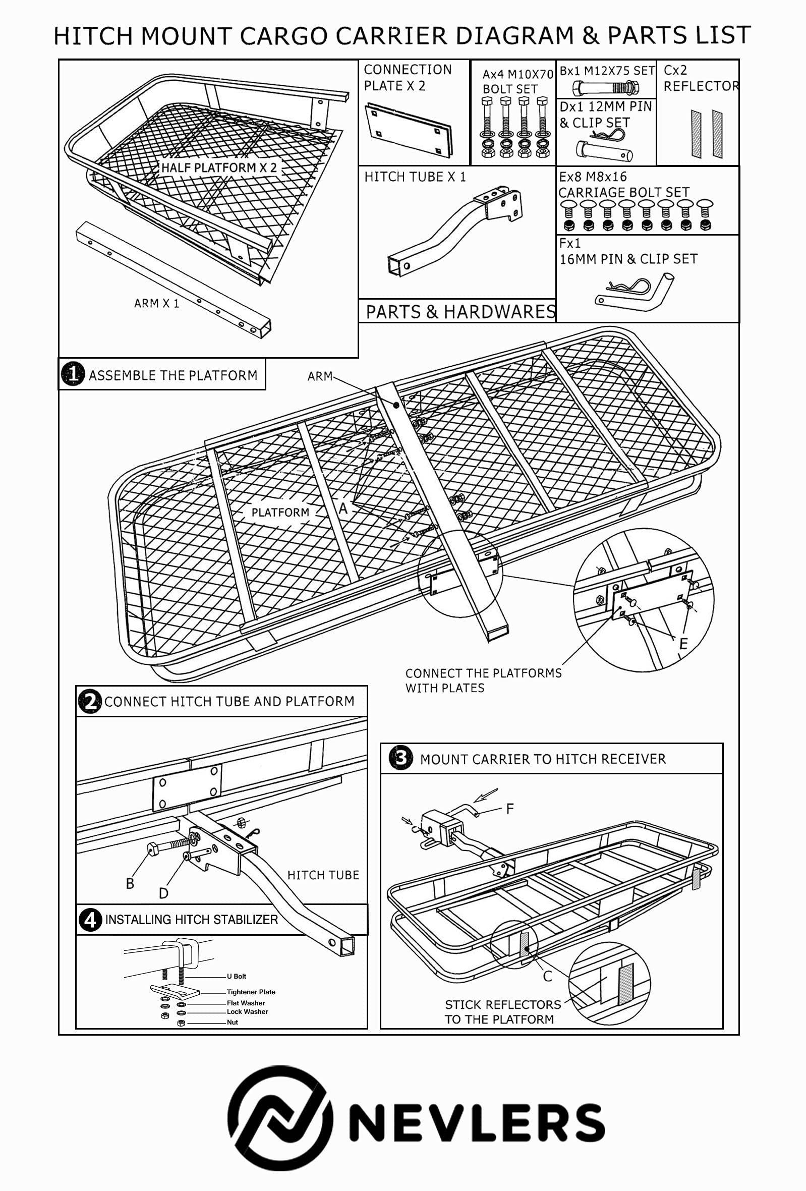 Nevlers 500LB Capacity 60x20x6 Trailer Hitch Cargo Carrier Hitch Rack Folding Cargo Carrier