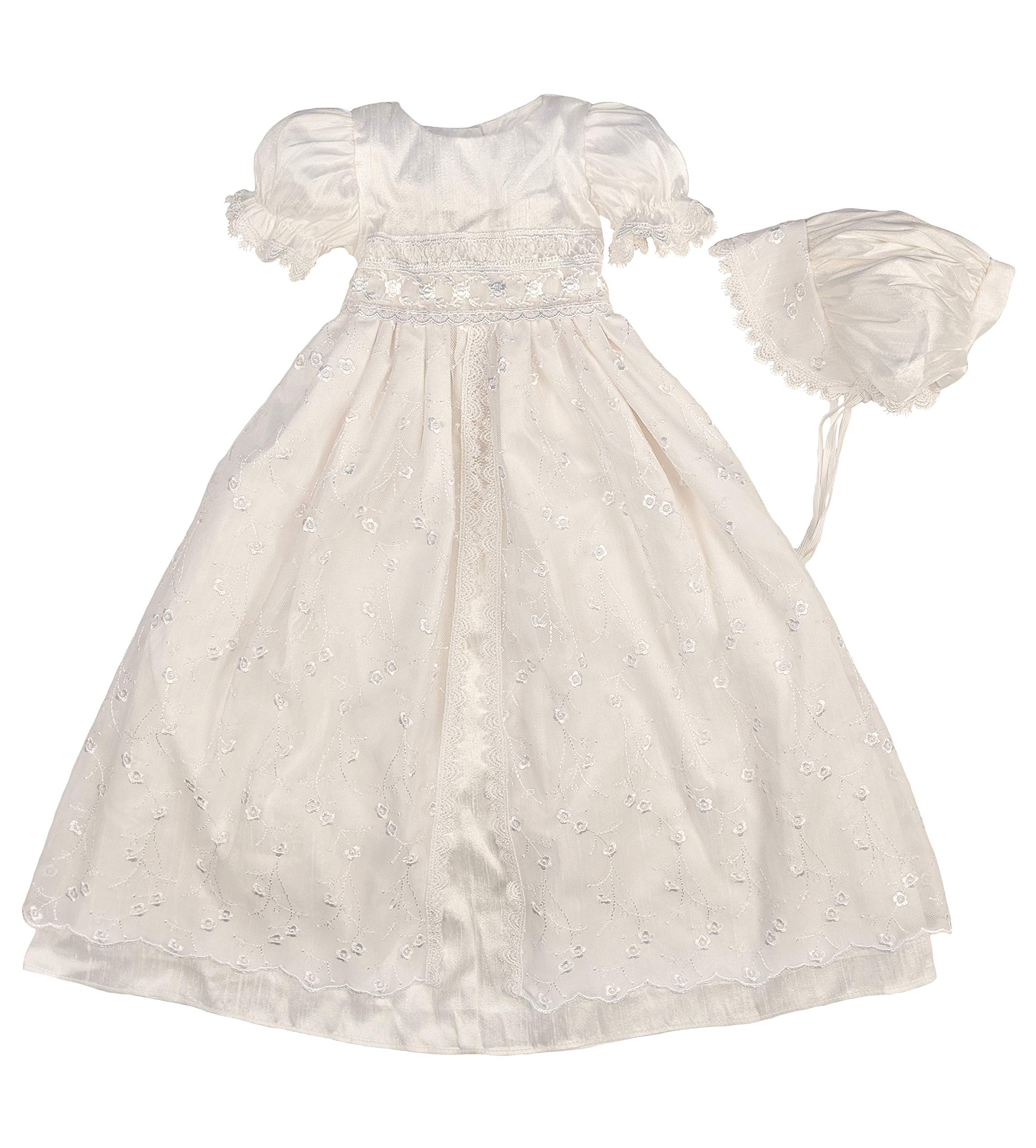 White Silk and Embroidered Tulle Christening Baptism Gown - XS (0-3 Month)