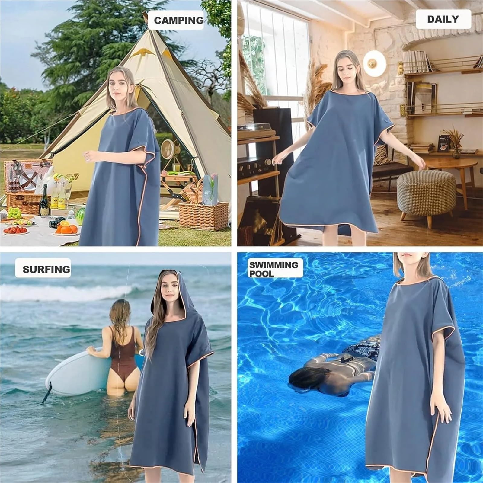 Poncho da surf, asciugamano for cambio con cappuccio, coperta spiaggia, telo bagno, muta, poncho Poncho da Spiaggia(Blue)