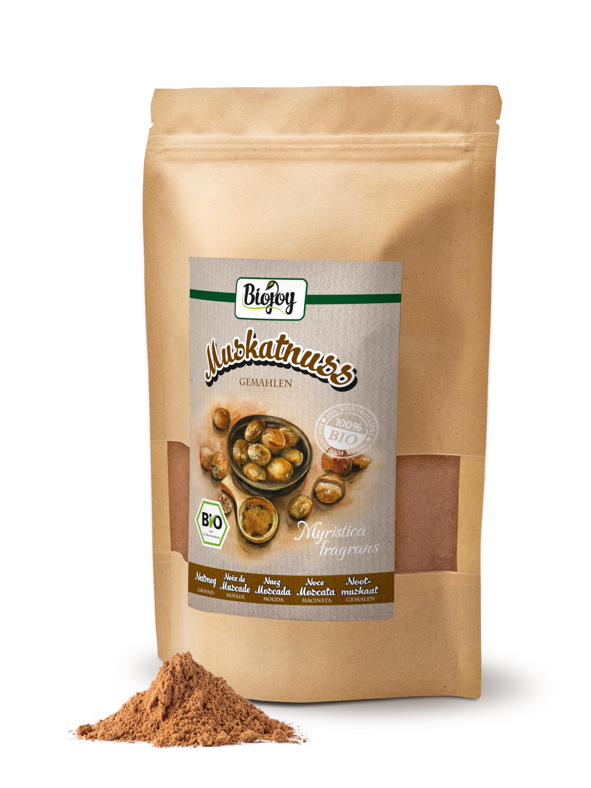 Biojoy Noce Moscata in Polvere BIO (500 g), Noce Moscata macinata, Spezia cruda e naturale (Myristica fragrans)