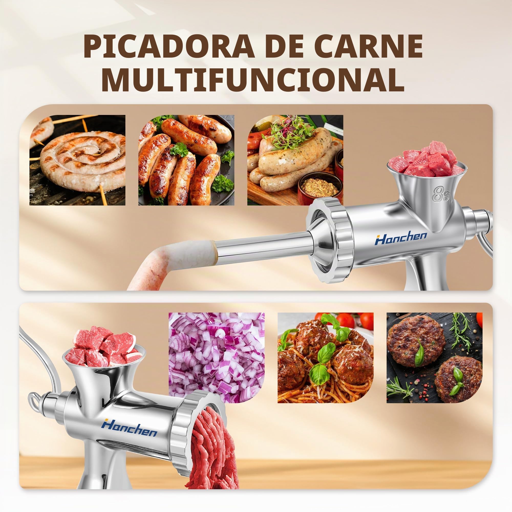 Hanchen Picadora de Carne Manual Acero Inoxidable Máquina de Picar Carne Doméstico y Comercial Embutidora de Salchichas con 2 Discos de Corte para Cerdo Pollo Ternera Verduras