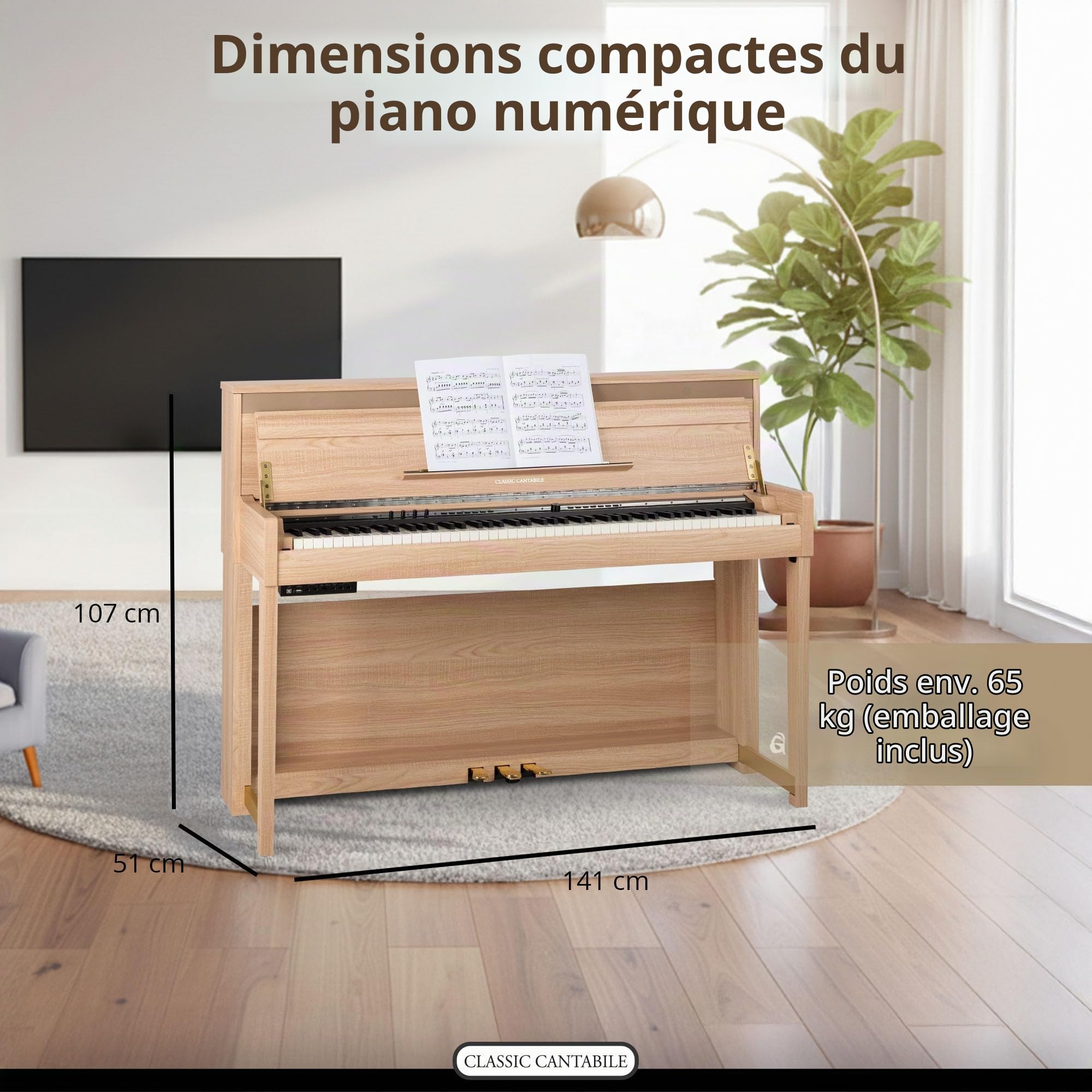 Classic Cantabile UP-1 LA Piano Droit Numérique - 88 Touches pondérées avec clavier à marteaux - Synthetiseur avec USB, MIDI-Interface 40 voix, 256 polyphonie, fonction d'enregistrement - Chêne Clair