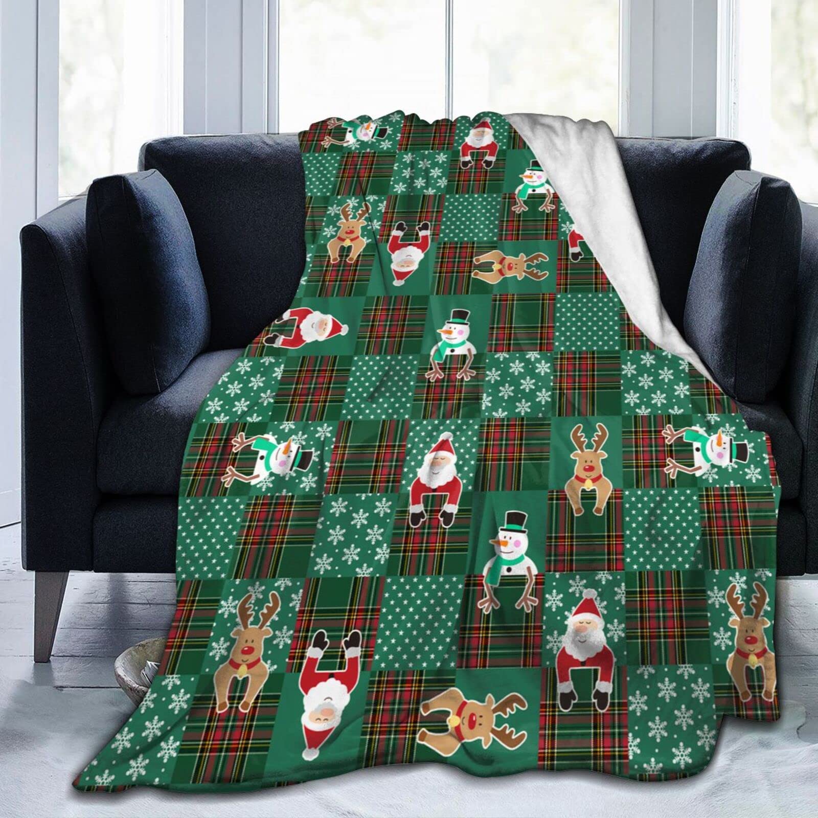 Lsjuee Christmas Reindeer Santa Snowman Throw Blanket Warm Cozy Blankets Lightweight Soft Cozy Flannel Winter Holiday Blanket for Sofa Couch Bed Office Xmas Gift 80"X60"