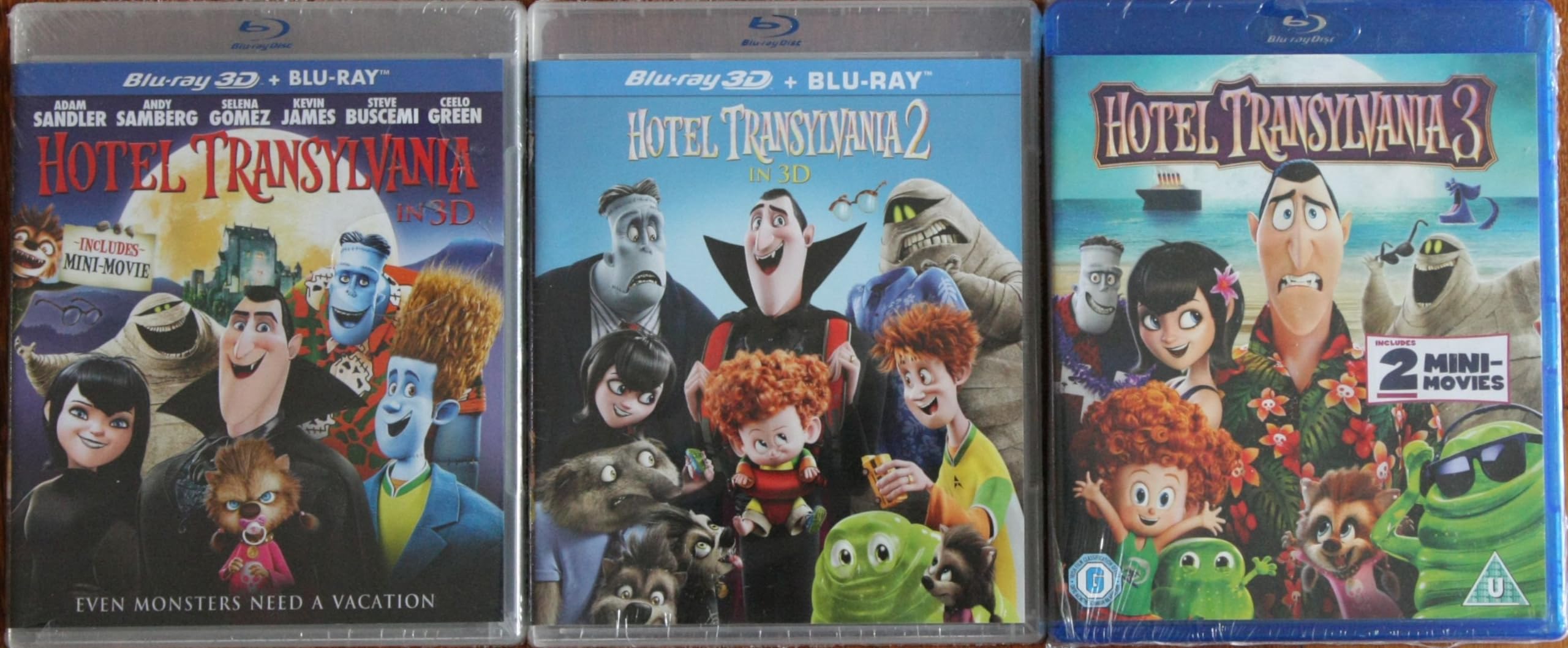 HOTEL TRANSYLVANIA 1-3 COMPLETE BLU-RAY COLLECTION (REGION FREE - PLAYS WORLDWIDE) + 2 MINI MOVIES + SINGALONGS + MUSIC VIDEOS + (3D PART 1 & 2)