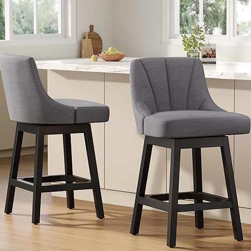 Miniatura 1 de Taburetes de bar giratorios con respaldos, 26 pulgadas de altura de mostrador, taburetes de bar tapizados de tela de lino extra con patas cuadradas