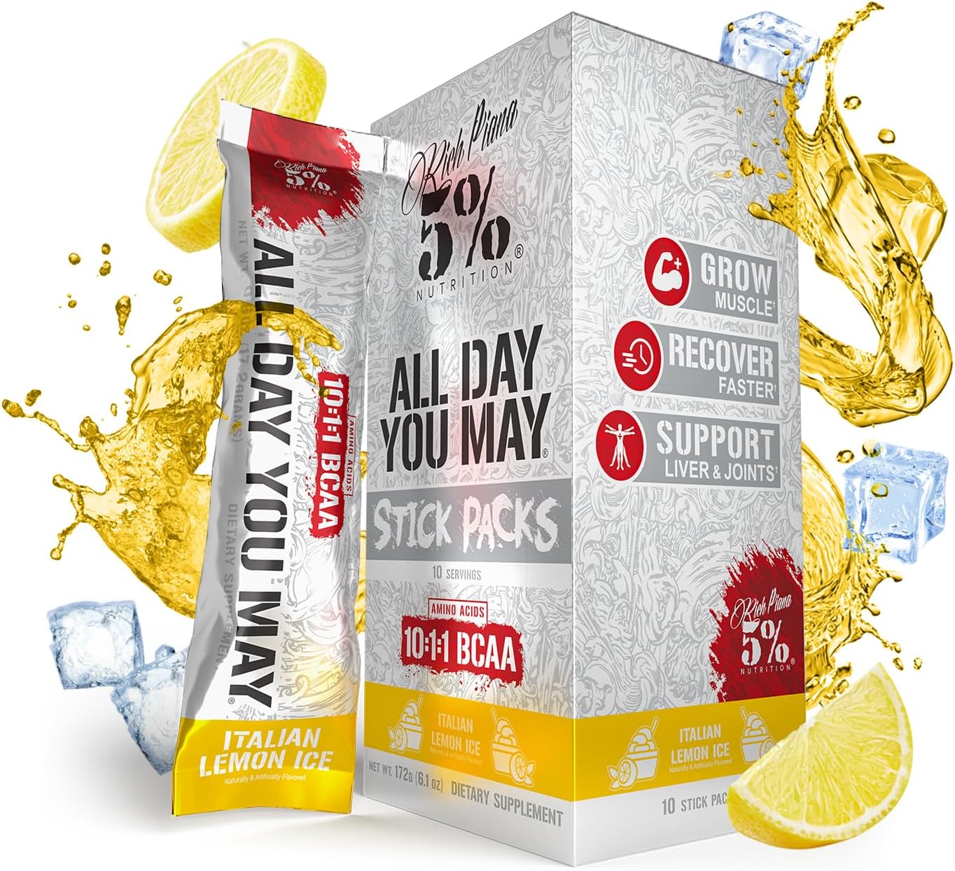 Rich Piana AllDayYouMay BCAA Powder Stick Packs | Hydration Powder Packets | Electrolyte Drink Mix | Muscle Endurance & Recovery | Vegan & Keto | (Italian Lemon Ice) (10 Count)