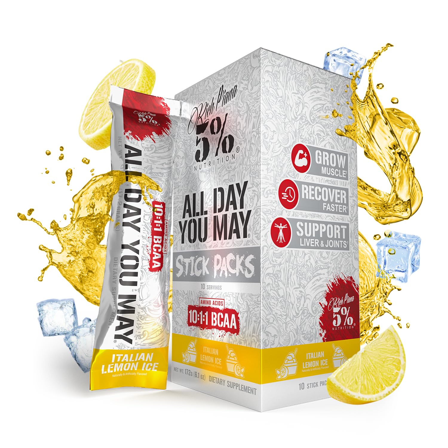 Rich Piana AllDayYouMay BCAA Powder | 9g of Premium Intra & Post Workout Amino Acids for Hydration, Endurance, Muscle Recovery, Joint & Liver Support (Italian Lemon Ice)