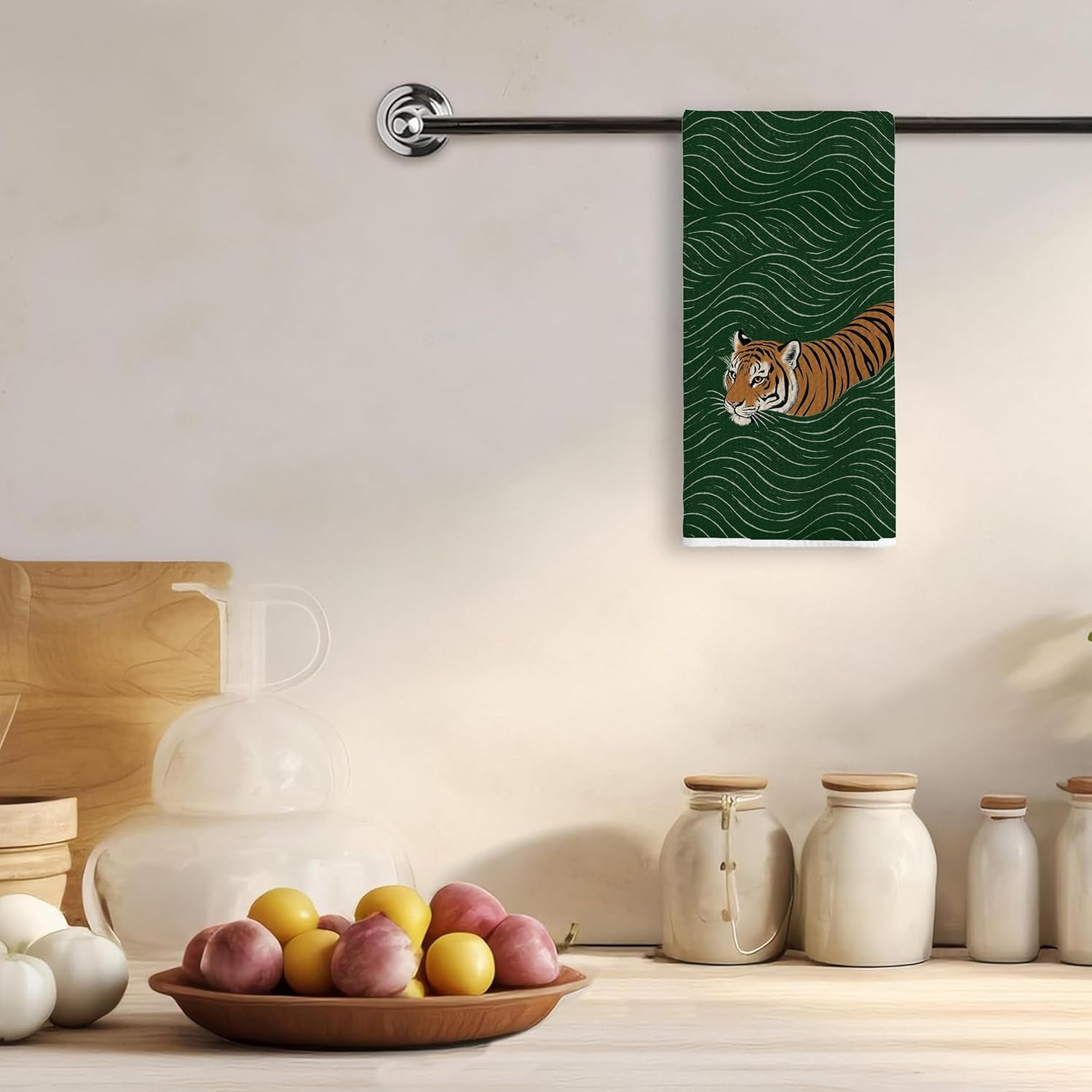 Dark Green Japanese Tiger Kitchen Towels, Vintage Ukiyo-e Japan Swimming Tiger Decorative Hand Tea Towels for Bathroom, Minimalist Asian Animal Dish Tea Towel for Kitchen, 16x24 Inches - Image 3
