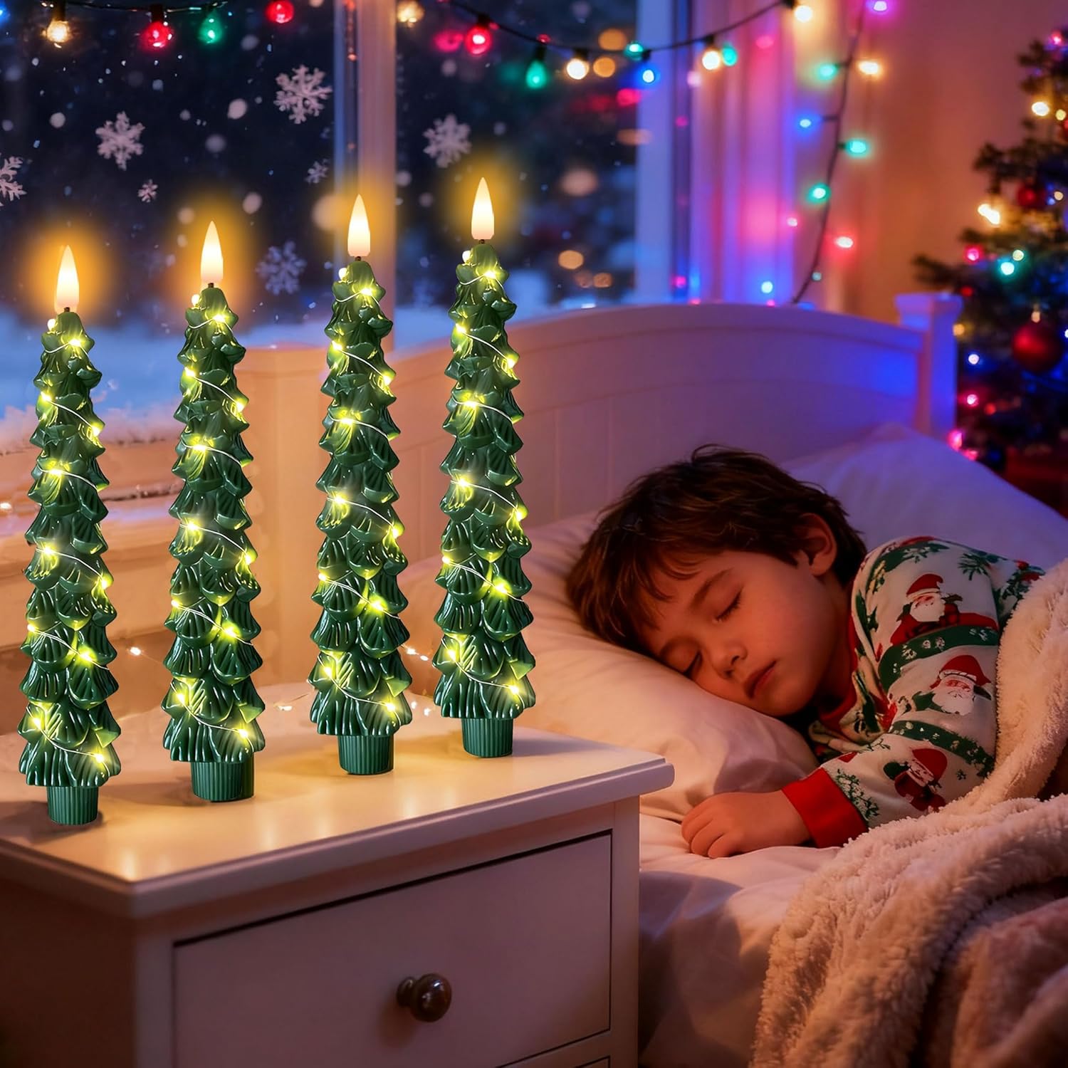 Christmas Tree Candles, Flameless Taper Candles with Remote & String Lights, 4 Pcs Battery Operated LED Green Christmas Candlesticks for Holiday Fireplace Decorations