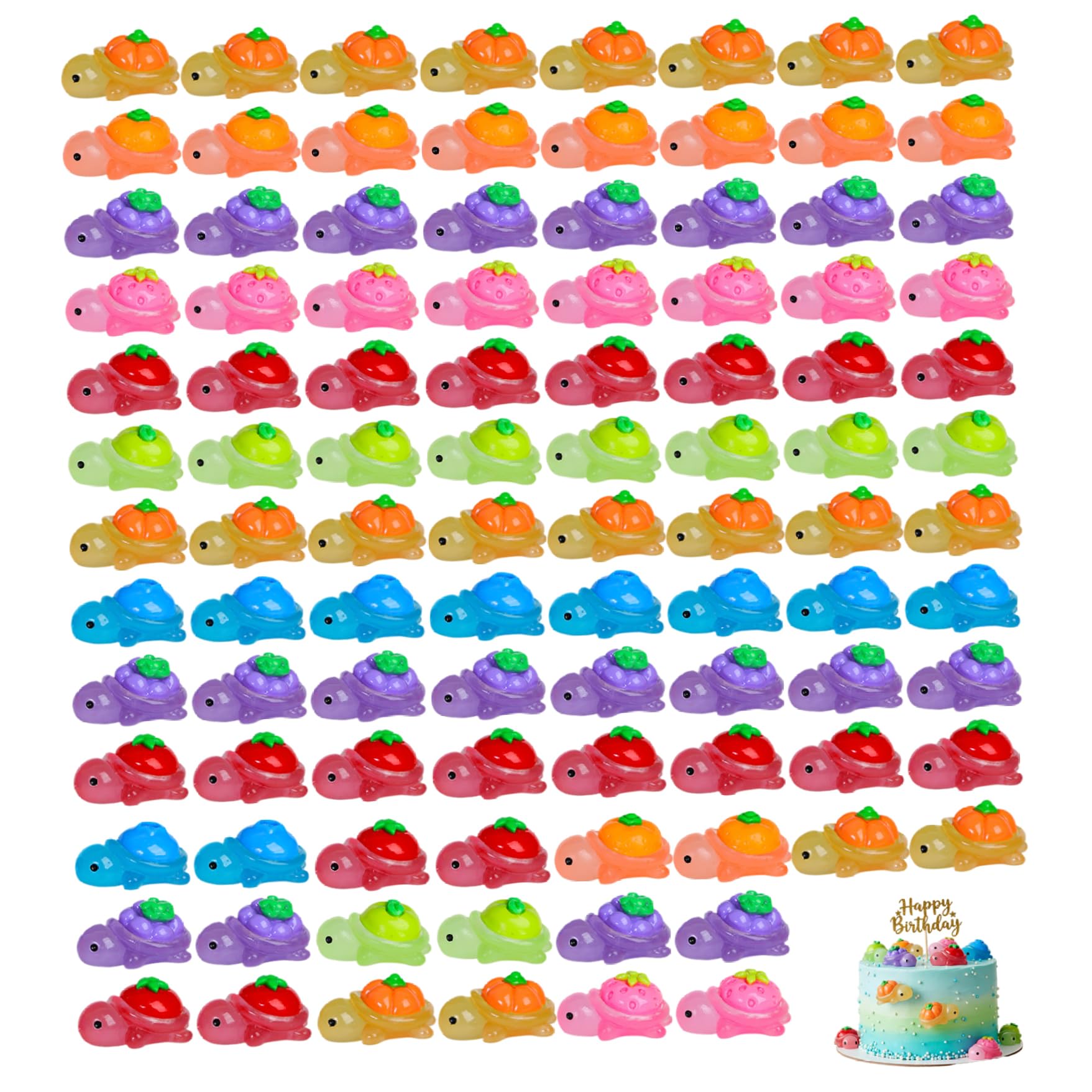 AwnsIMfreien Resin Turtles, 100Pcs Mini Resin Turtles, Glow in The Dark Mini Animals with Cute Fruit Designs, Tiny for Fairy Garden, DIY Craft, Party Favor, Home Decor