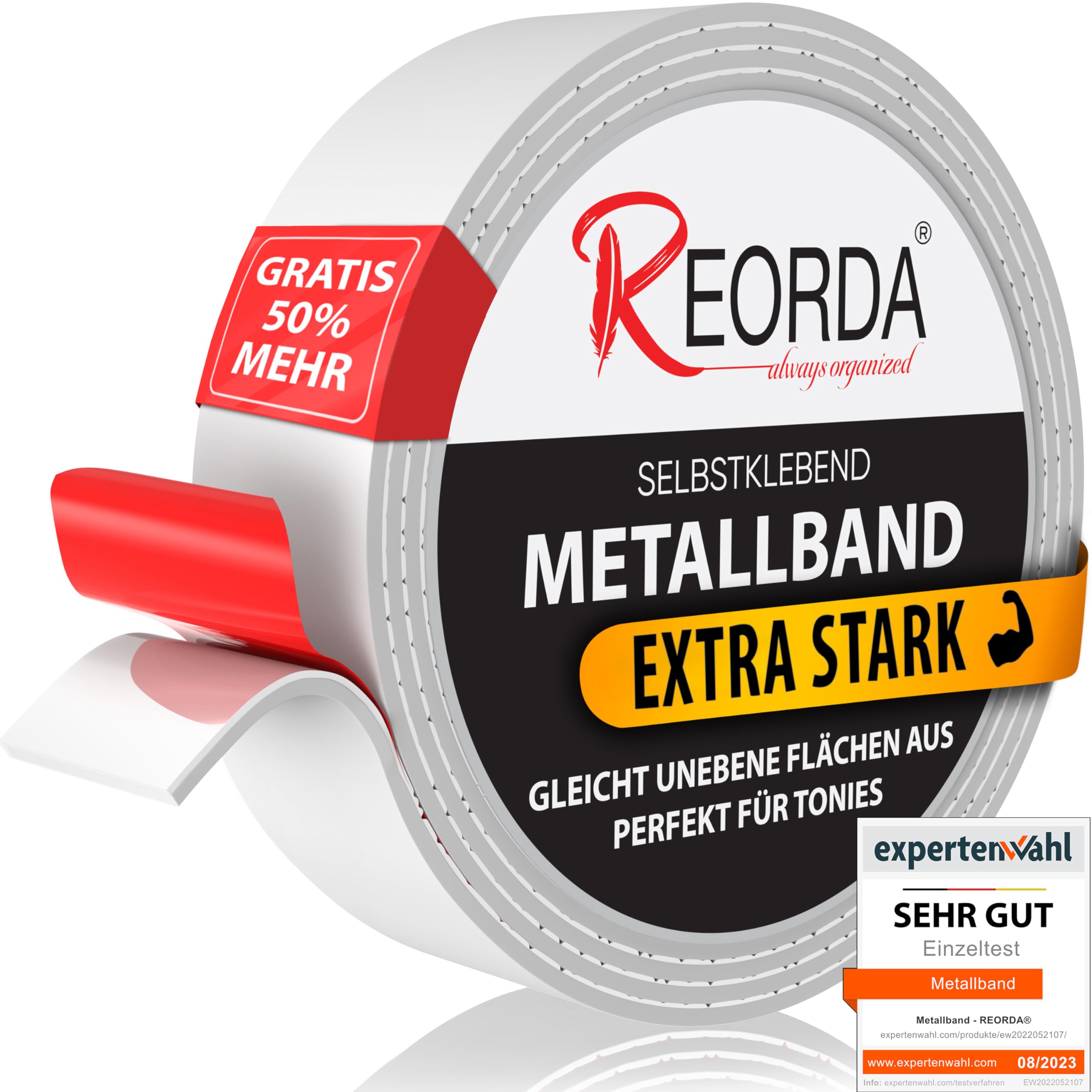 REORDA® Metallband selbstklebend Weiß - Ideal für Tonies®-Figuren & -Regale (EXTRA STARK) - Magnetband für Magnete I Ferroband I Magnetband selbstklebend I Eisenband