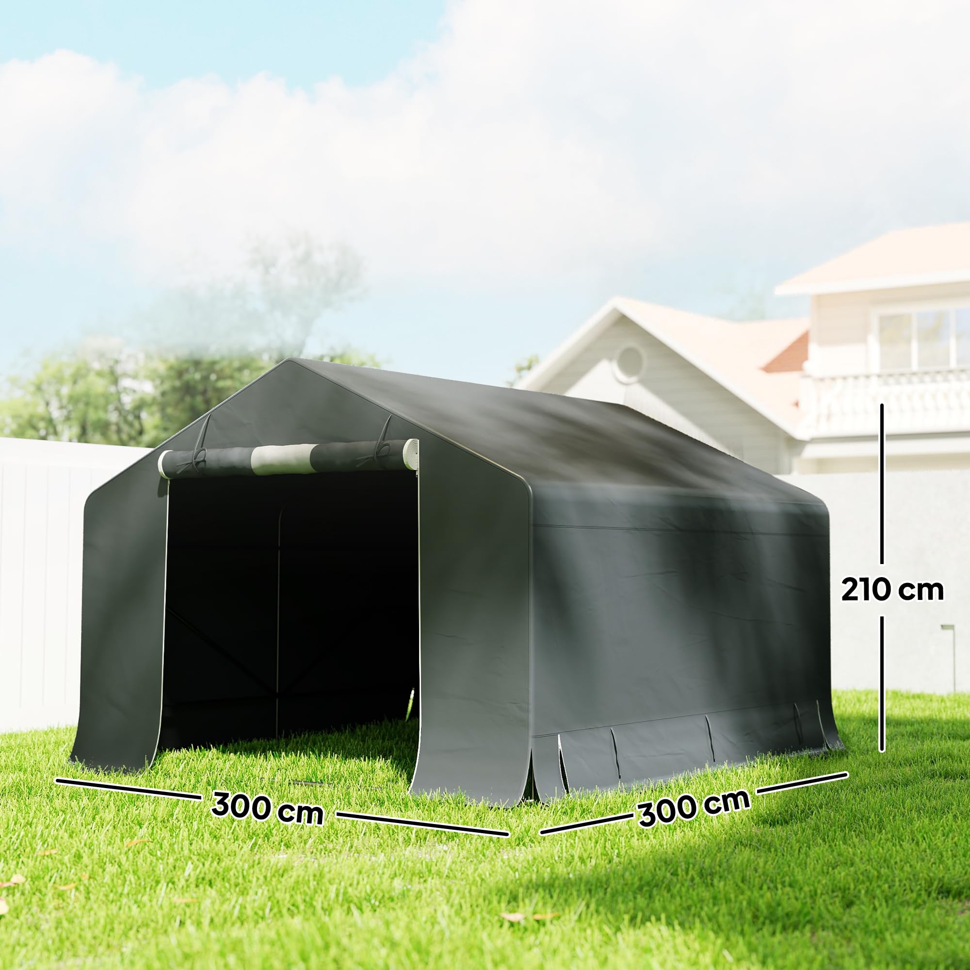 Outsunny Cobertizo portátil 10'x10' Impermeable Tienda Bici Gris Oscuro | Puerta enrollable cremallera, marco acero galvanizado reforzado, cobertizo exterior para bici, moto, herramientas