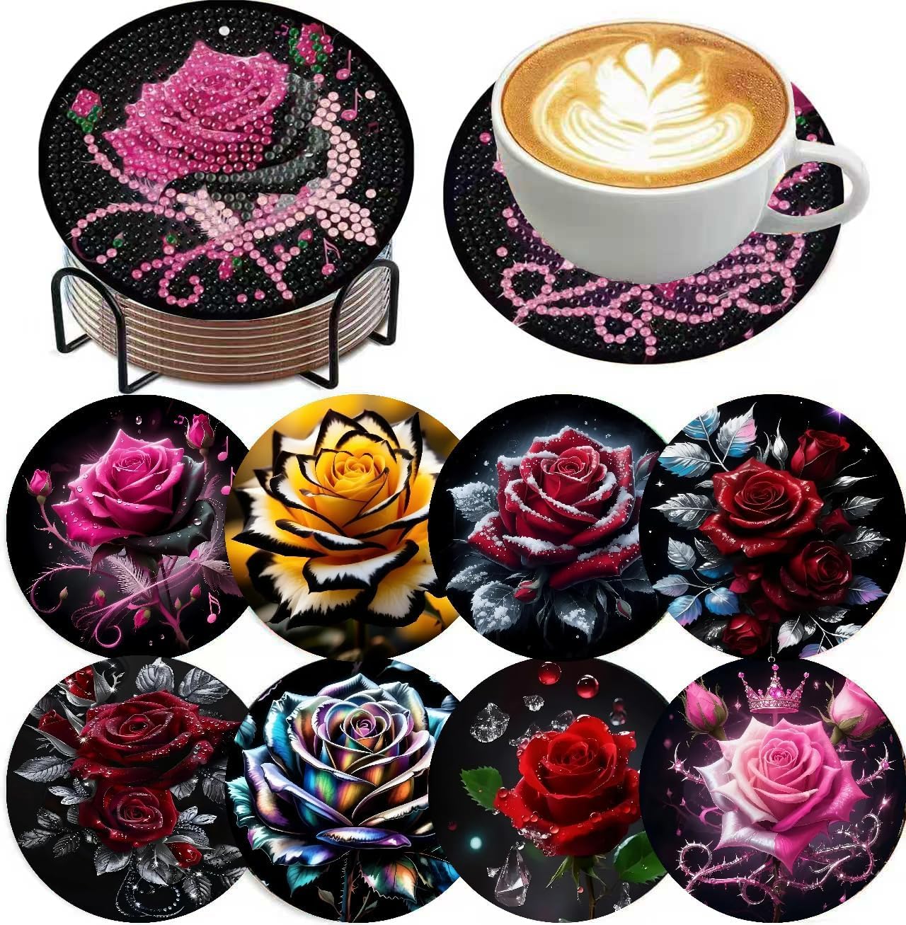 8PCS Diamond Art Coasters with Holder, DIY Flowers Diamond Painting Coasters Kits for Adults, Non Slip Rose Florwers Mosaic Dot Painting Coaster Gift Set for Beginners 4x4 Inch