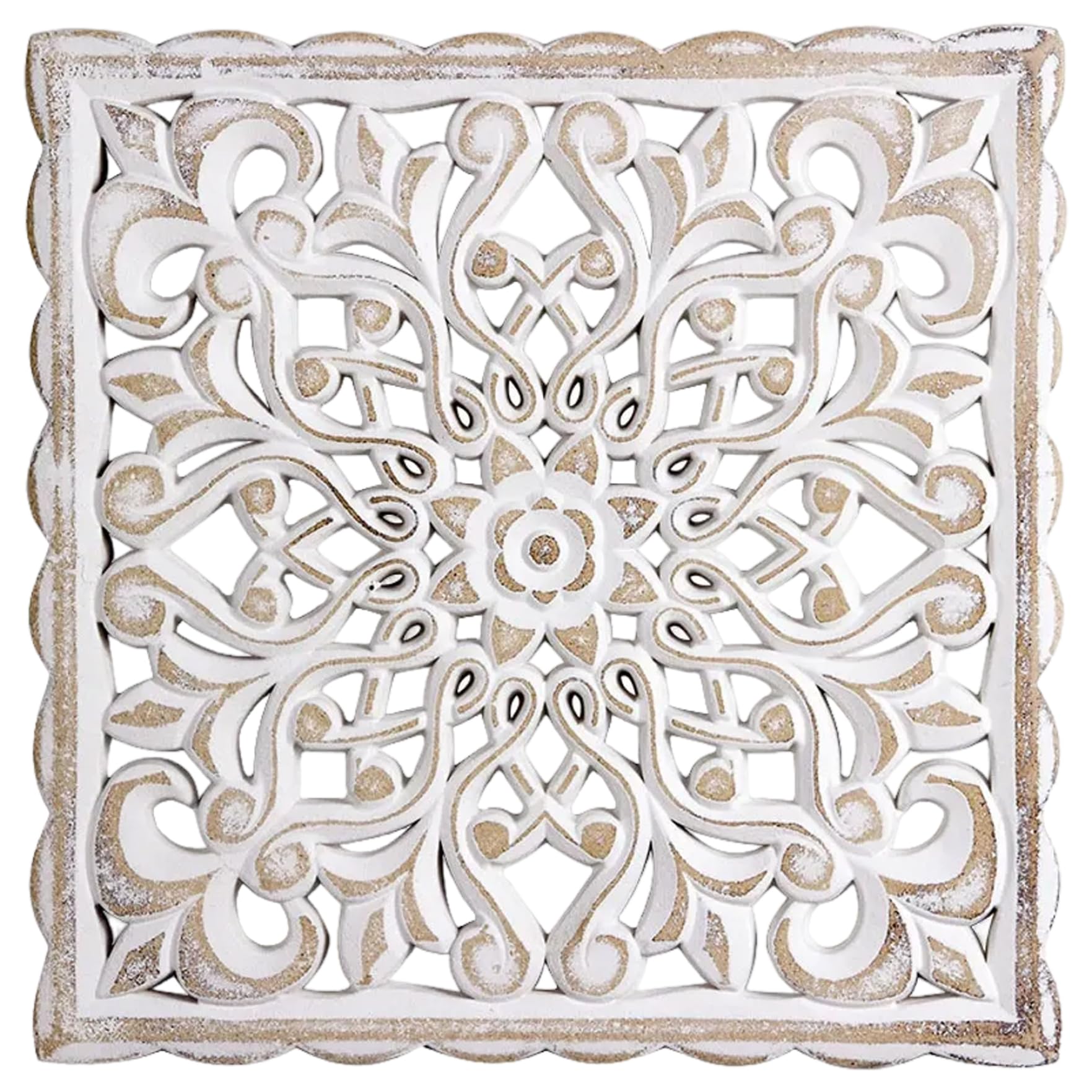 Decoración de la pared de madera, arte de pared de madera tallada hueca floral, arte de pared decorativo blanco vintage de mandala 12x12x0.5 Panel de pared colgante con diseño de mandala para sala de