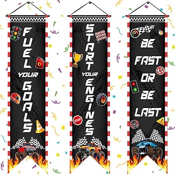 Chiisong 3 Pcs Race Car Party Banners Racing Fans Birthday Decor Monster Truck Hanging Porch Sign Truck Fuel Can Checkered Flag for Car Theme Birthday Party Supplies Inspirational Classroom Decoration