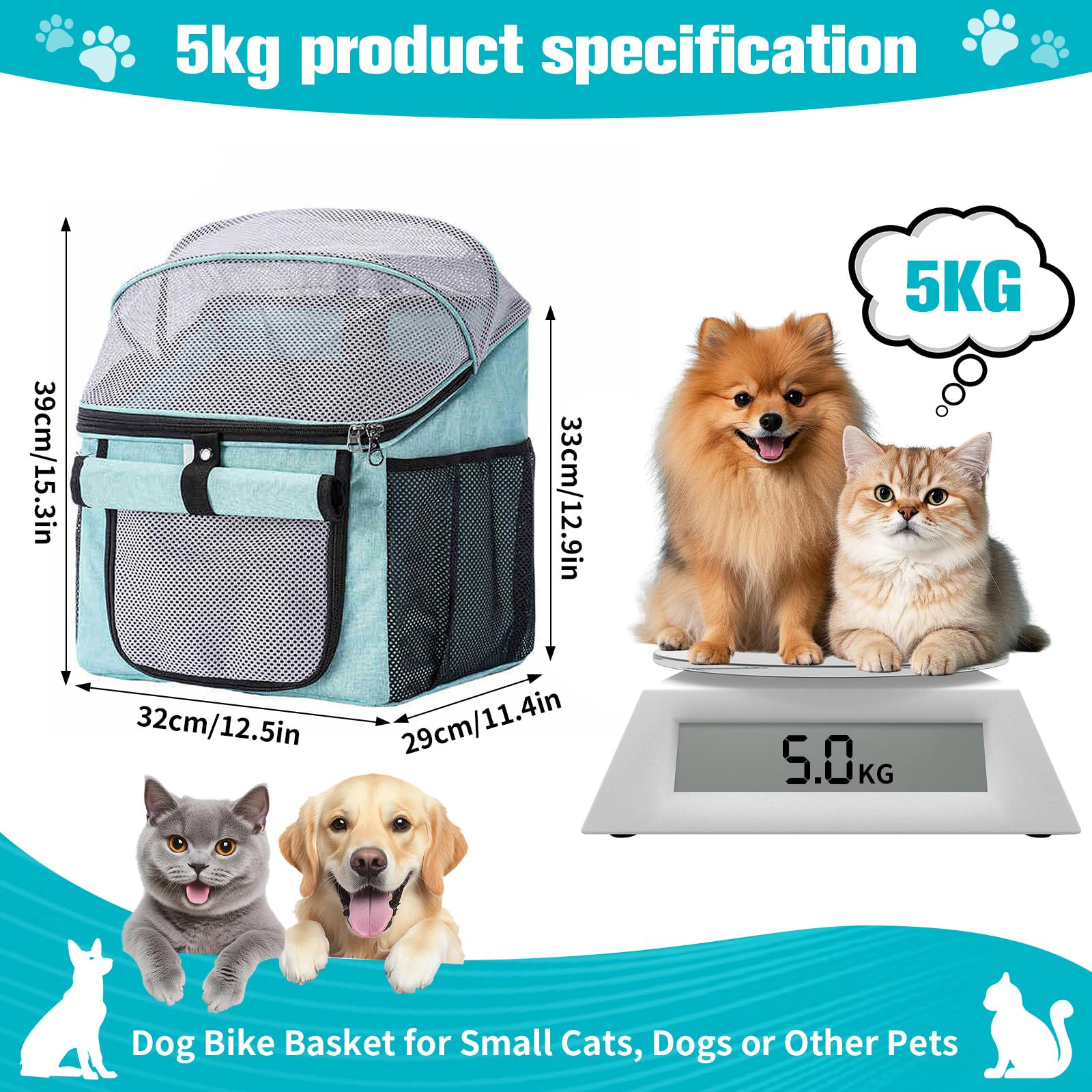 Hundekorb Fahrrad - 3 in 1 Hundekorb Fahrrad Vorne, 32×29×39 cm Faltbare Fahrradtasche für Haustiere, Maximale Tragfähigkeit 5 kg Geeignet für Tiergeschäfte, Baden, Picknicks, Krankenhäuser