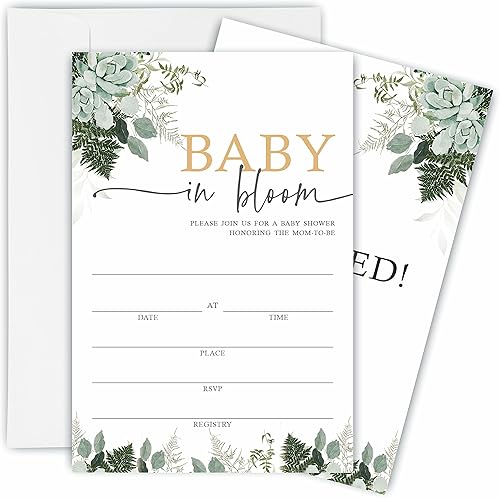 TPYEN Invitaciones para baby shower de acuarela vegetación  Baby In Bloom  25 tarjetas de invitación de estilo con sobres  Decoraciones y