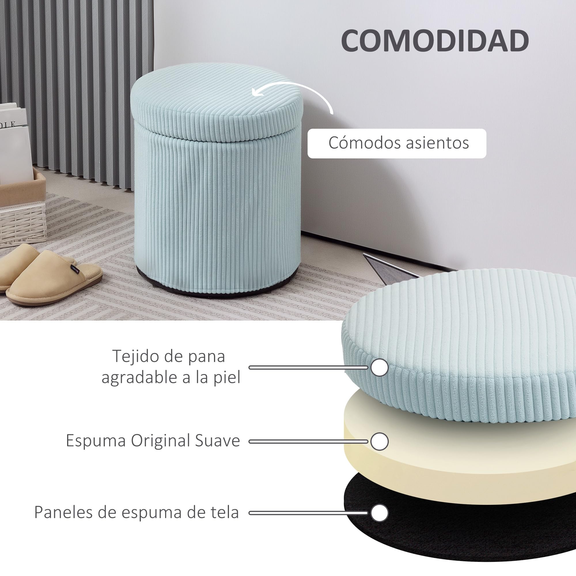 HOMCOM Puff Almacenaje Baúl de Almacenaje Redondo Tapizado en Pana Asiento Acolchado Tapa Extraíble para Pasillo Dormitorio Salón Ø40x41 cm Azul Claro