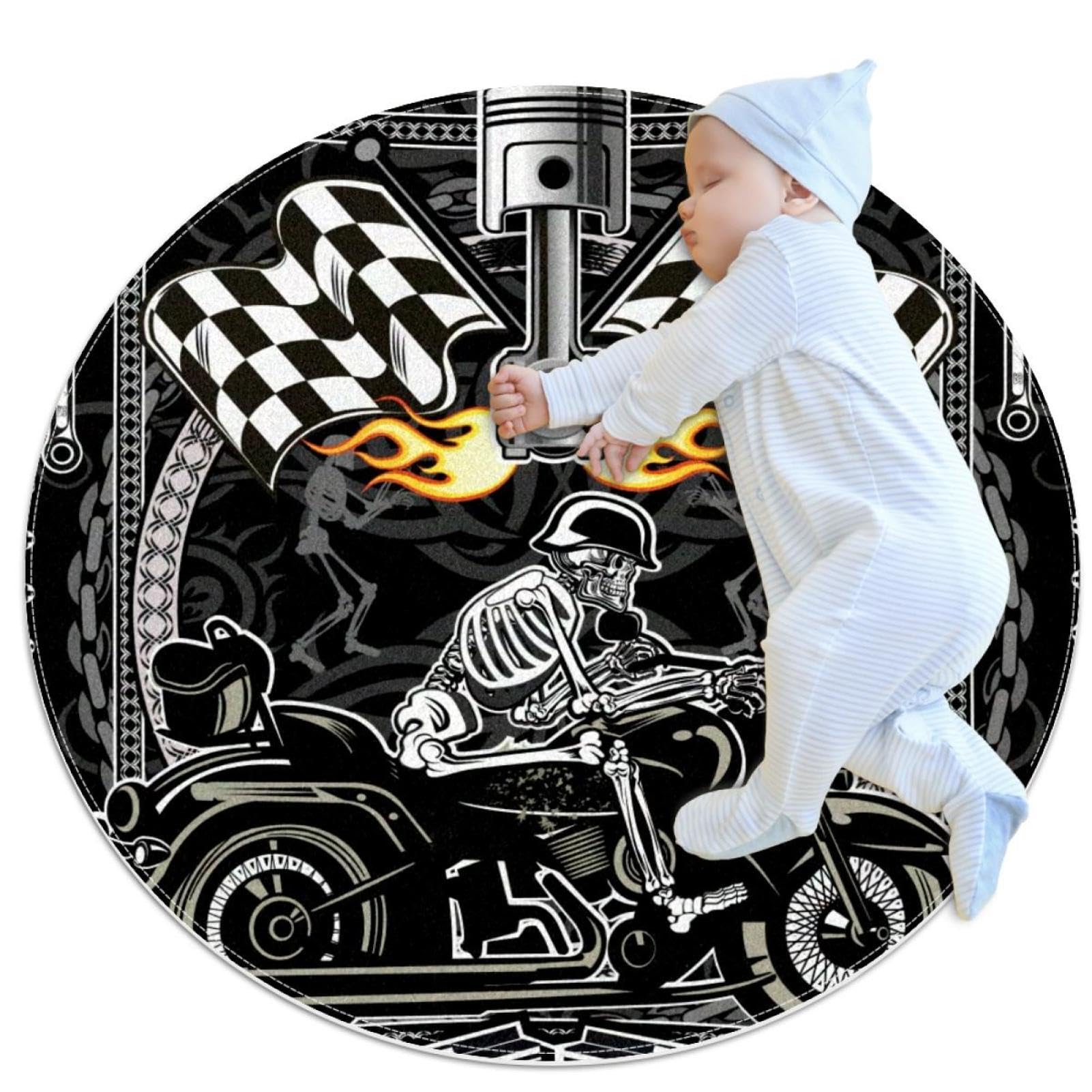 Tapis de salle de bain moto squelette rond pour chambre