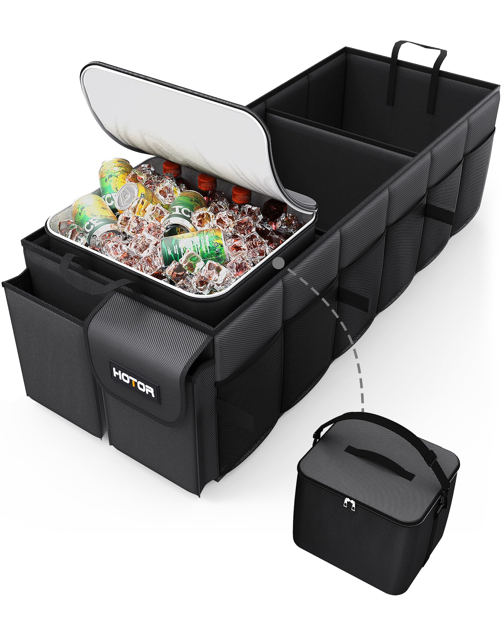 HOTOR Car Trunk Organizer for SUV - Large Car Organizer with Removable Car Cooler, 3 Compartments and 8 Pockets for Car Accessories, Foldable Design & Adjustable Straps, Black, 78.5 x 32.0 x 27.0 cm
