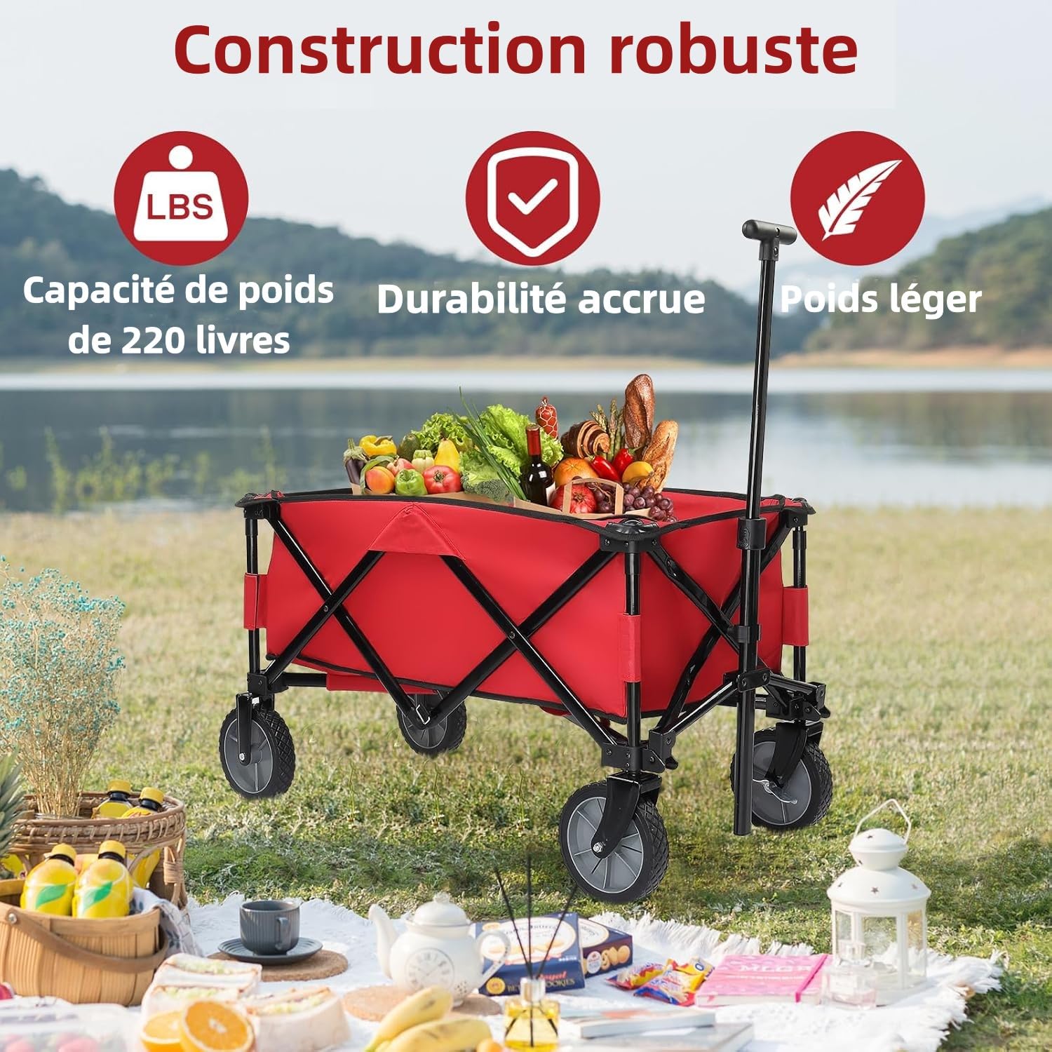 ALightUp Chariot Pliable Rouge - 100 kg Capacité, Chariot à roulettes Tout Terrain | Transport Lourd pour Jardinage, Plage, Camping | Compact, Léger et Facile à Assembler