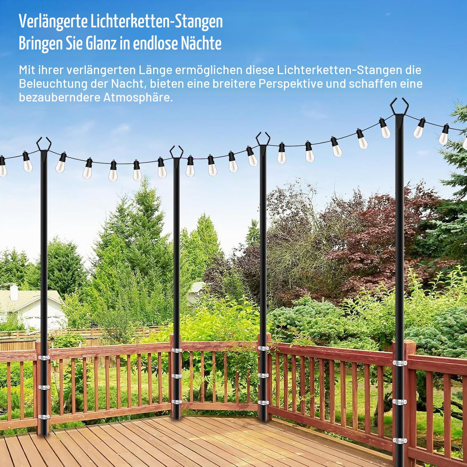 HoldOneLight 4 Pack String Light Poles,9.8 Ft Metallstangen mit Gabel für Outdoor String Lights,Outdoor Light Poles mit Gabel,Poles/Post/Stand für Draußen,Patio,Deck,Hinterhof,Garten Hochzeit(4 PACK)
