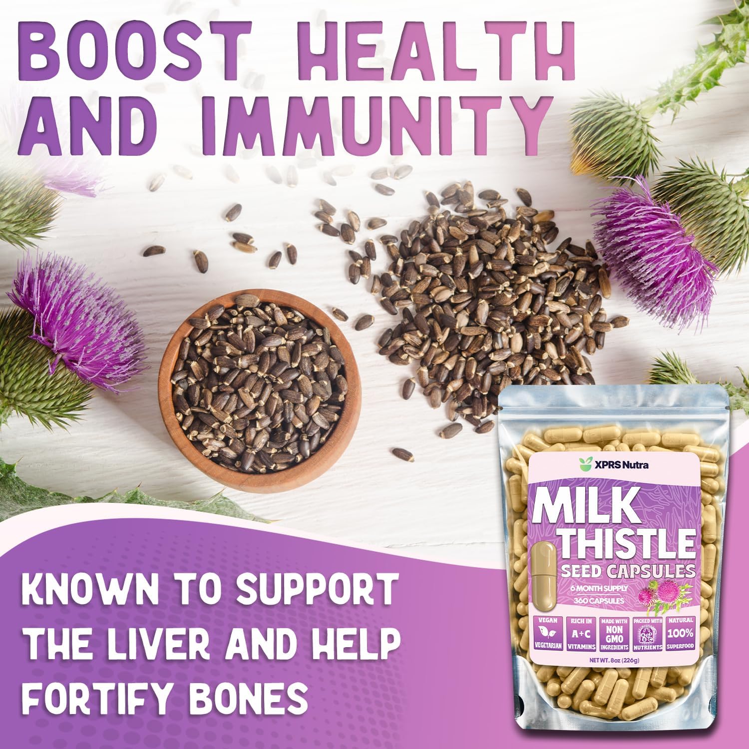 XPRS Nutra Milk Thistle Seed Capsules - 360 Count (6 Month Supply) Premium Milk Thistle Supplement Rich in Silymarin to Support the Liver and Digestion - Pure, Non-GMO Cardo Mariano Pills