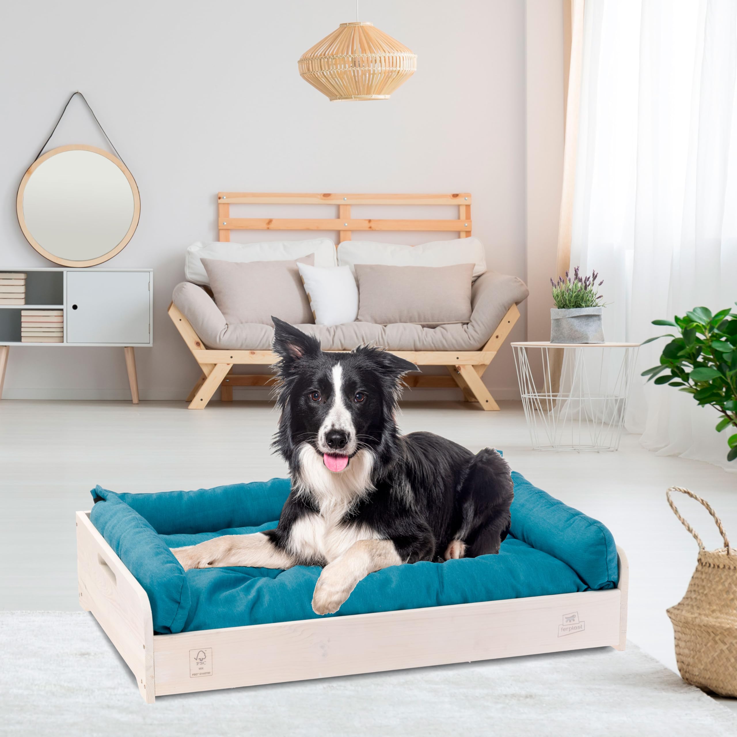 Ferplast Cama Perro y Gato con Cojin Hall, Cama para Perros y Gatos, Almohada Lavable, Madera FSC, Cama para Perros Medianos y Gatos, Transpirable y Antideslizante, 80.5 x 53 x h 17.5 cm