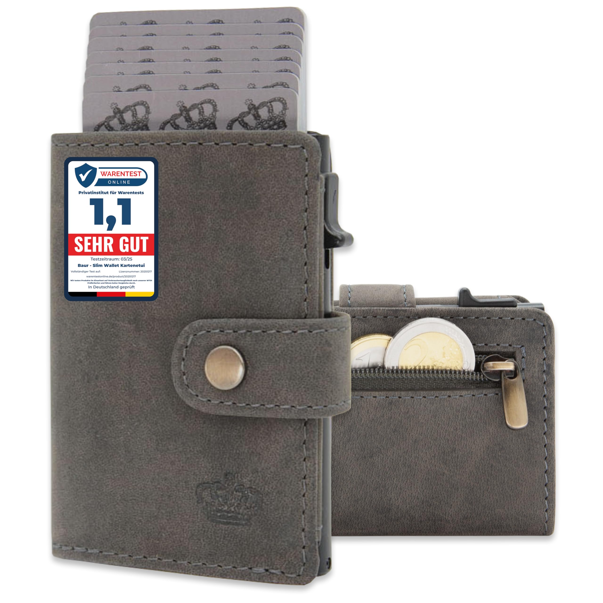 Baur Slim Wallet aus echtem Leder – Kreditkartenetui mit Aluminium Pop-Up Case & RFID-Schutz – Kleine Geldbörse für Herren mit Münzfach – Smart Wallet (Münzfach mit Reißverschluss, Büffelleder Grau)