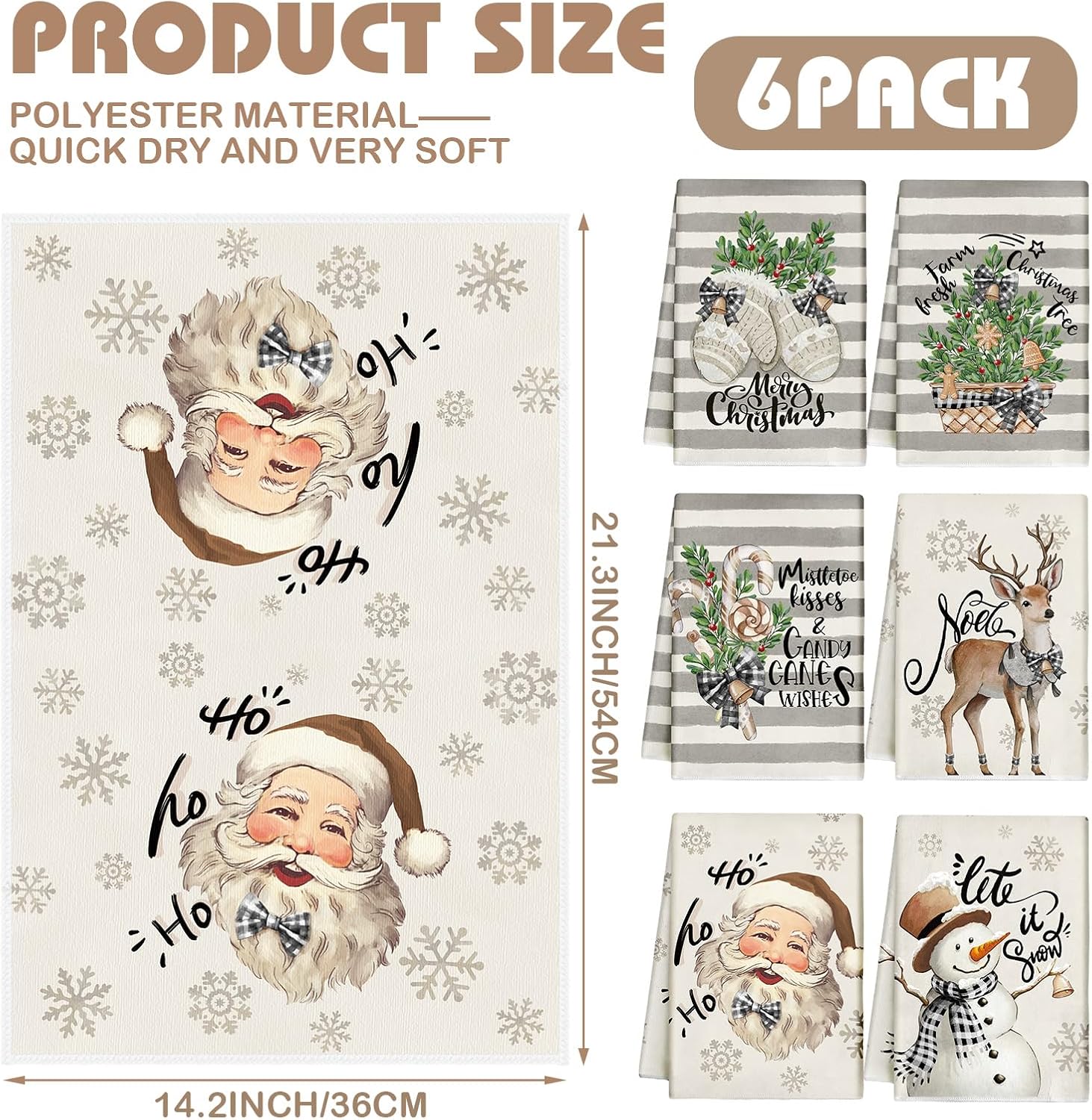 Hosuly 6 Pcs Christmas Kitchen Towels Winter Dish Cloth Farmhouse Christmas Tea Towels Santa Snowman Reindeer Gloves Eucalyptus Hand Cotton Xmas Grey Striped Dishcloth for Kitchen - Image 2